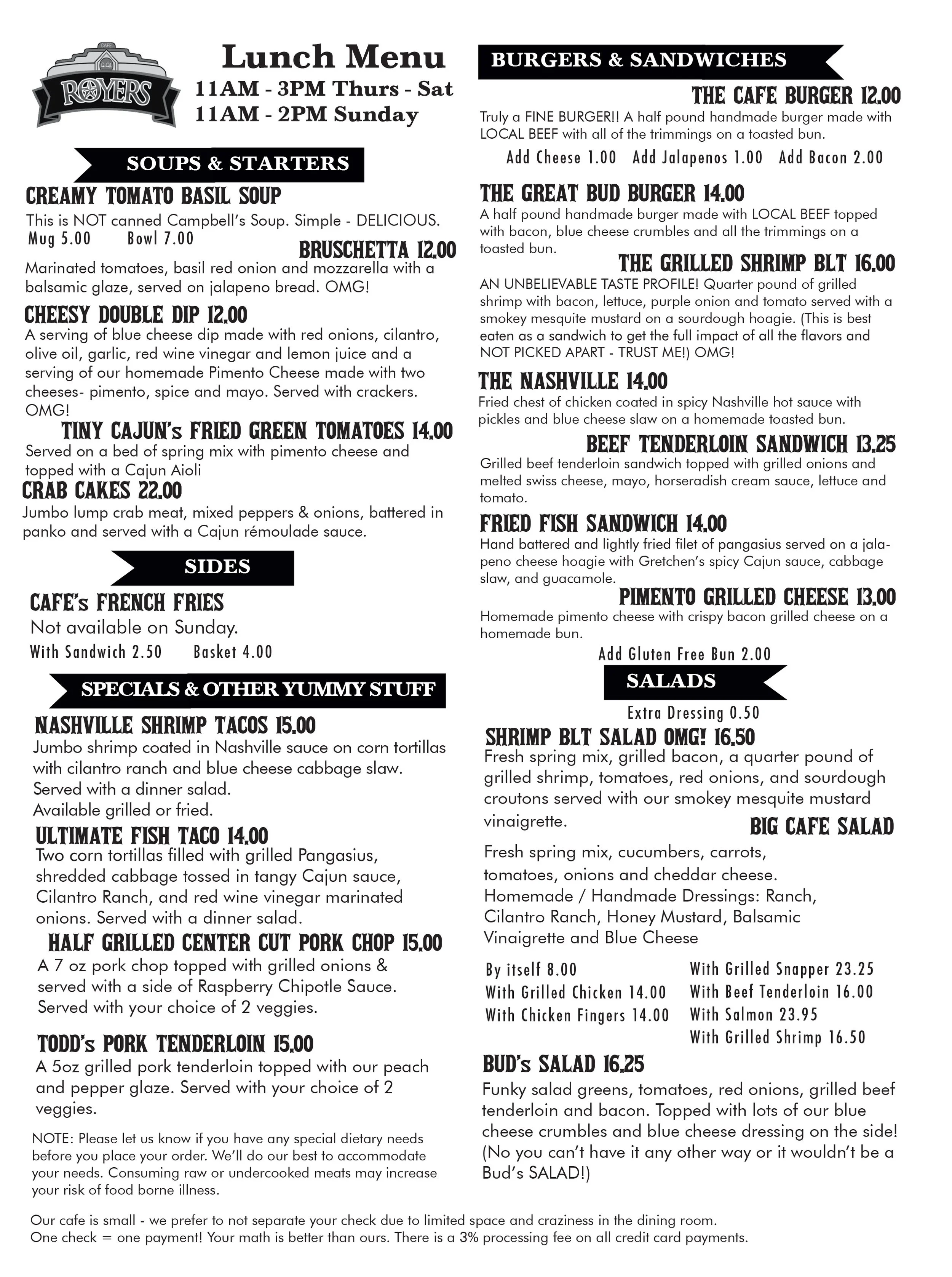 Lunch Menu — Royers Round Top Cafe