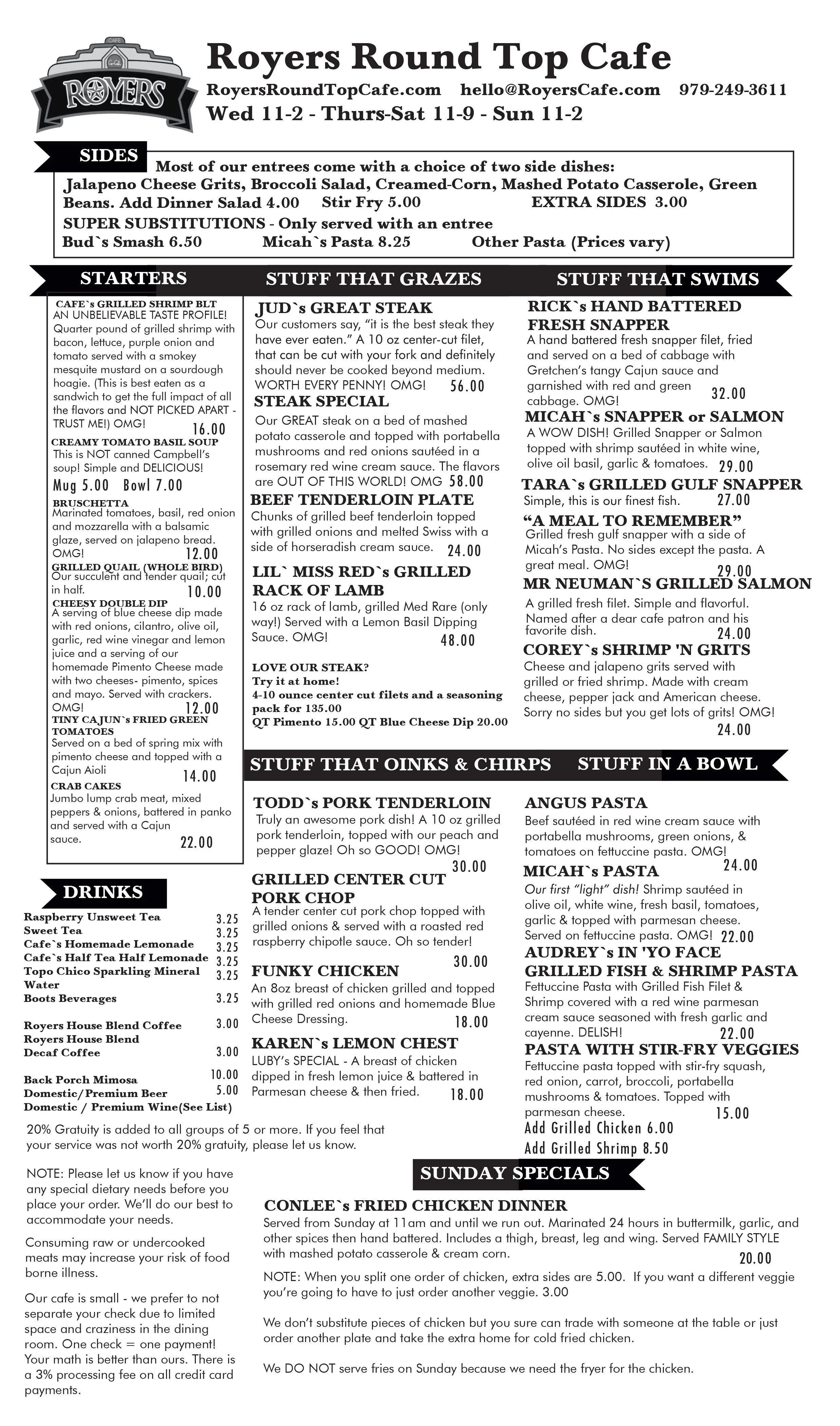 Dinner Menu Royers Round Top Cafe Dinner menu royers round top cafe