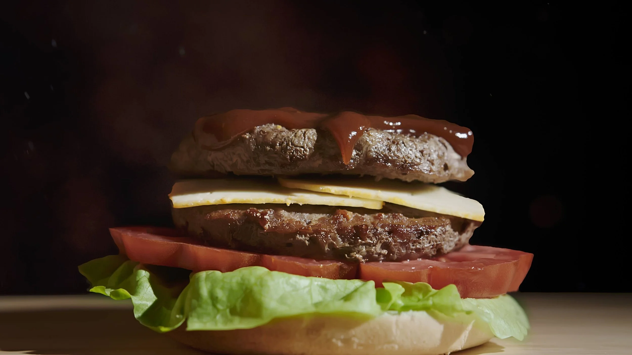 Layered cheeseburger with lettuce, tomato, beef patties, cheese, and condiments against a black background.