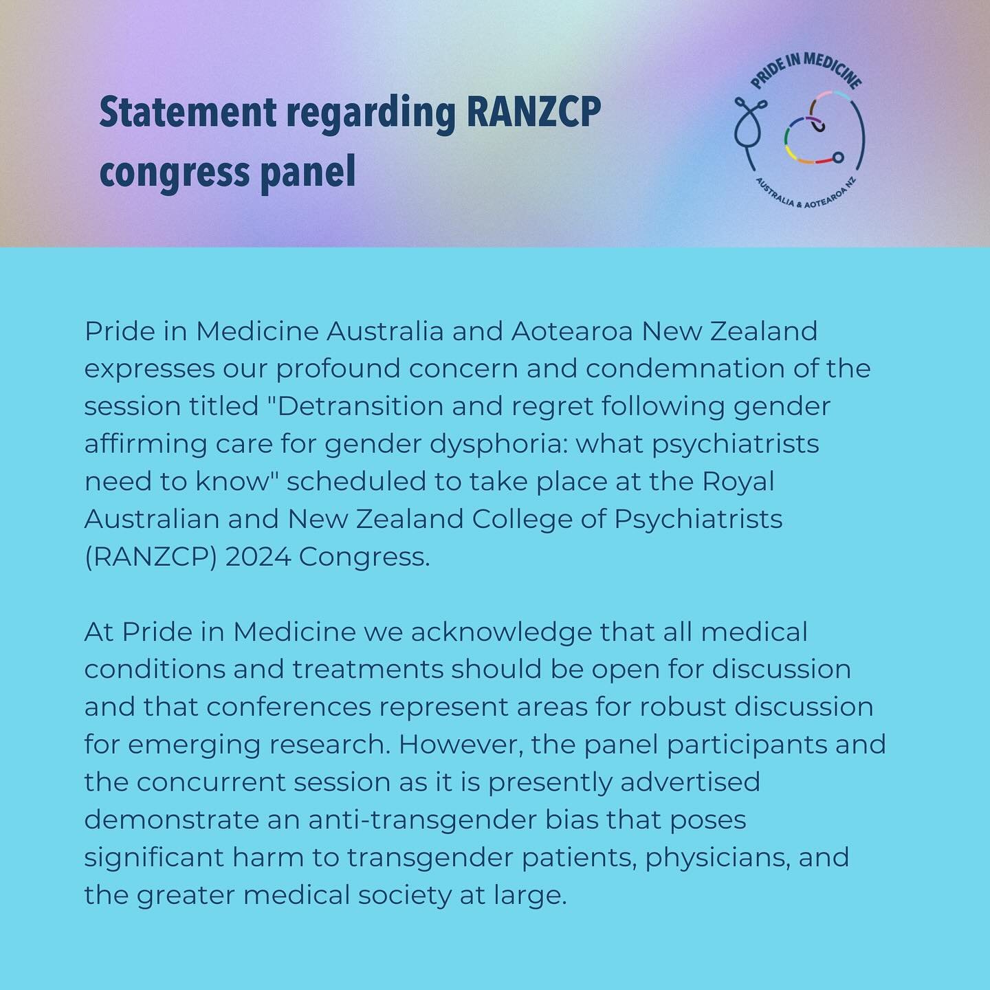Our statement regarding the Royal Australian and New Zealand College of Psychiatry&rsquo;s congress panel session. 

A note to our followers, we do not condone this panel, and we are posting this in the hope that the college will listen to our commun