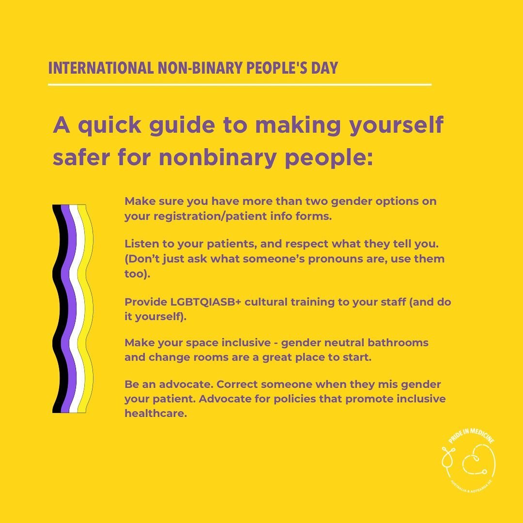 YESTERDAY was international nonbinary people&rsquo;s day. 
TODAY you can implement these simple things to make yourself a more inclusive health care worker.
🖤💜🤍💛