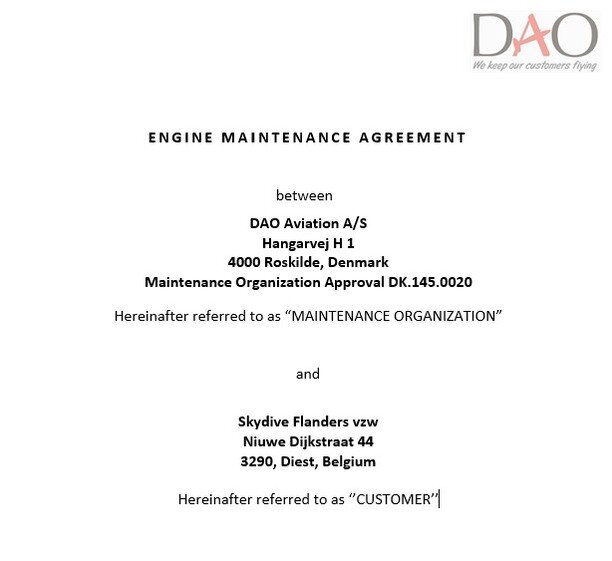 DAO Aviation is pleased to announce that we have signed a multi-event agreement with Belgium based Skydive Flanders for support of their fleet of TPE331-12JR engines. 

With this agreement Skydive Flanders has joined DAO Aviation loyalty program whic