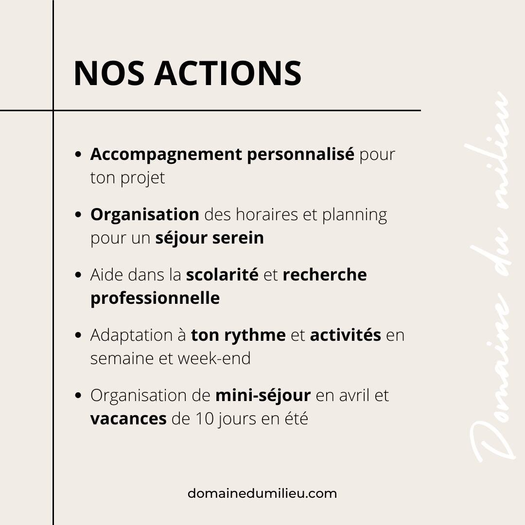 Au Domaine du Milieu, notre &eacute;quipe p&eacute;dagogique est pr&eacute;sente pour t&rsquo;accompagner au quotidien.

L&rsquo;accompagnement au Domaine du Milieu rime avec &ldquo;actions&rdquo;.

Nous te proposons un accompagnement personnalis&eac
