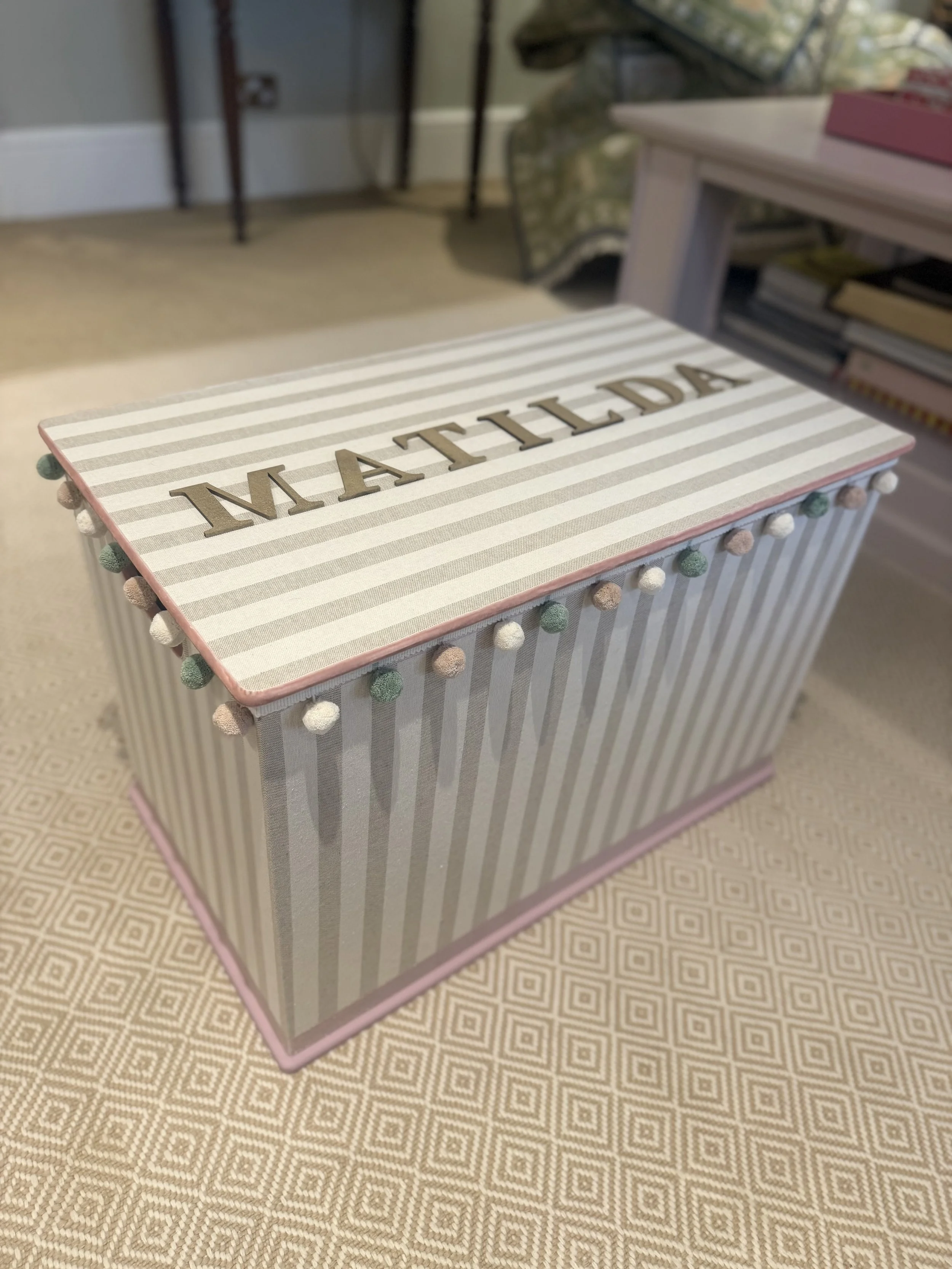 TOY BOX PINK WITH CREAM STRIPE MULTI POM POMS