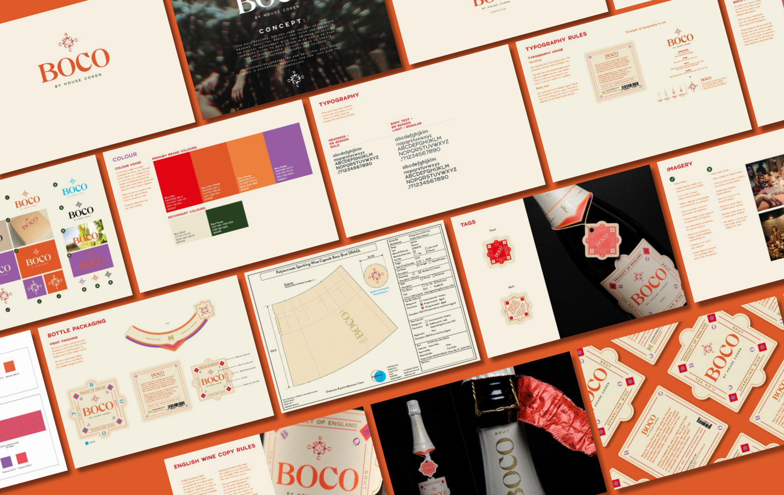 Collage of branding and packaging design materials for BOCO, including logos, color palettes, typography guidelines, packaging layouts, and promotional images for a beverage product.