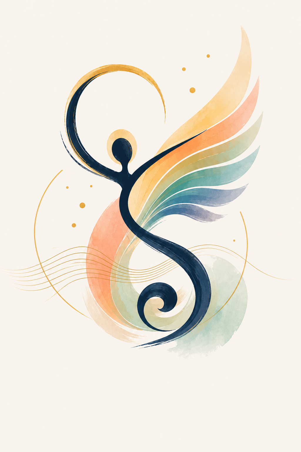 Abstract artistic design featuring a stylized figure resembling a musical note or treble clef with wings in pastel shades of pink, orange, green, blue, and yellow on a light background.