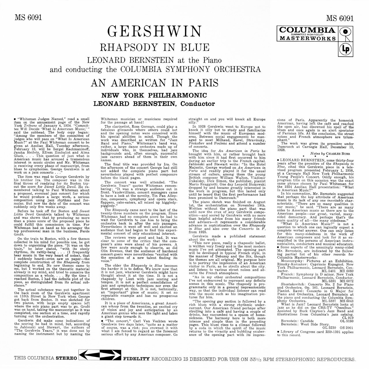 George Gershwin Rhapsody in Blue And An American In Paris Cover Backside