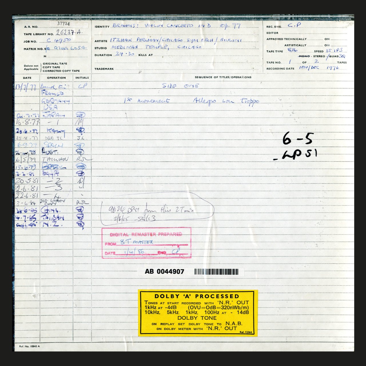 Itzhak Perlman Brahms Violin Concerto Original Tape 1