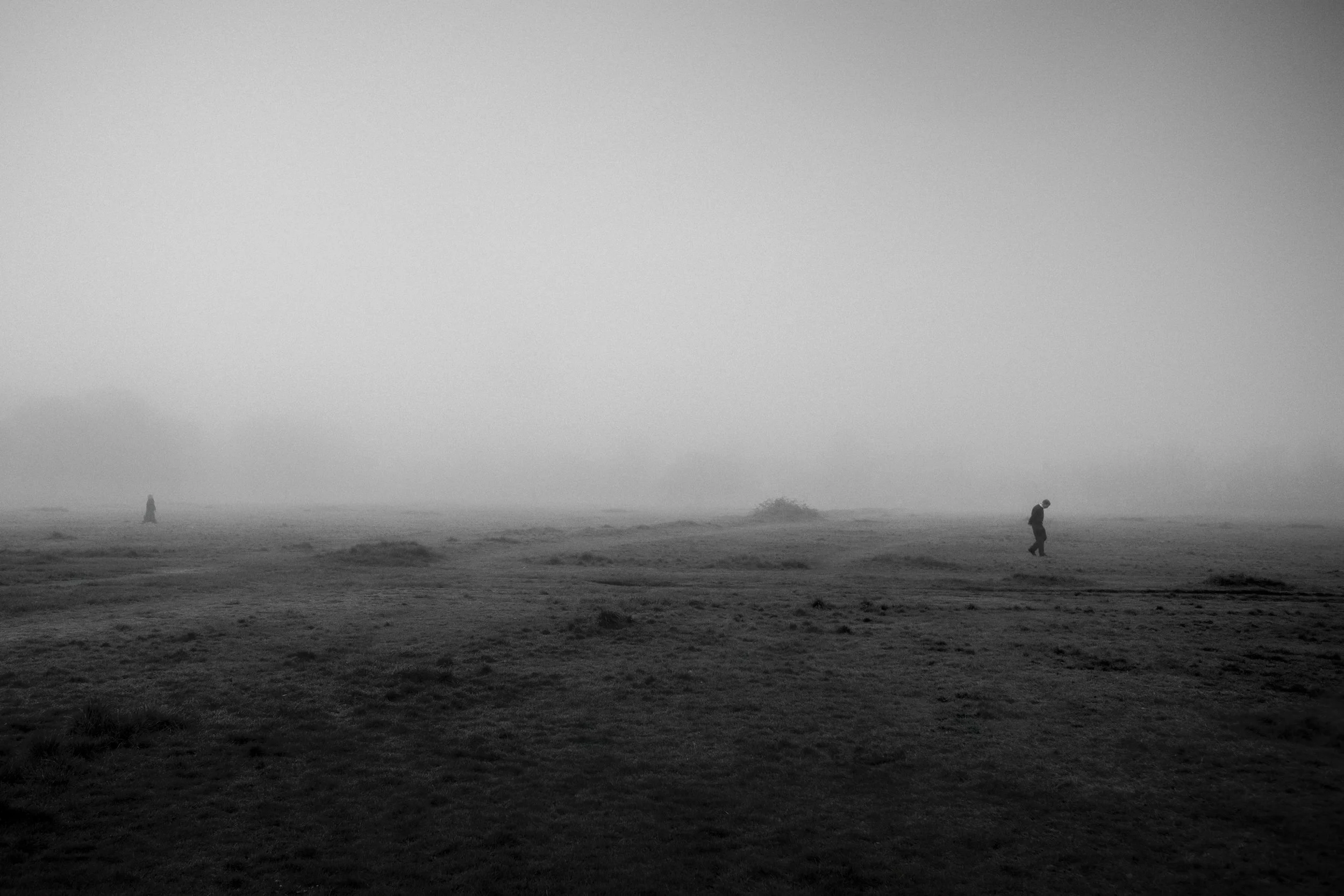 A foggy landscape with two small figures walking separately in the distance, one on the left and one more towards the right, in black and white.