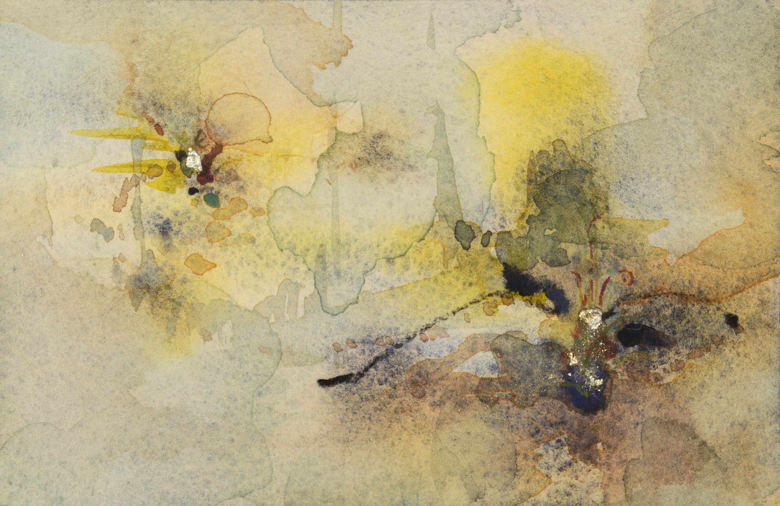 The Gleam of Dusk, 2025. Watercolour and metal medium on paper — 10 x 14.8 cm