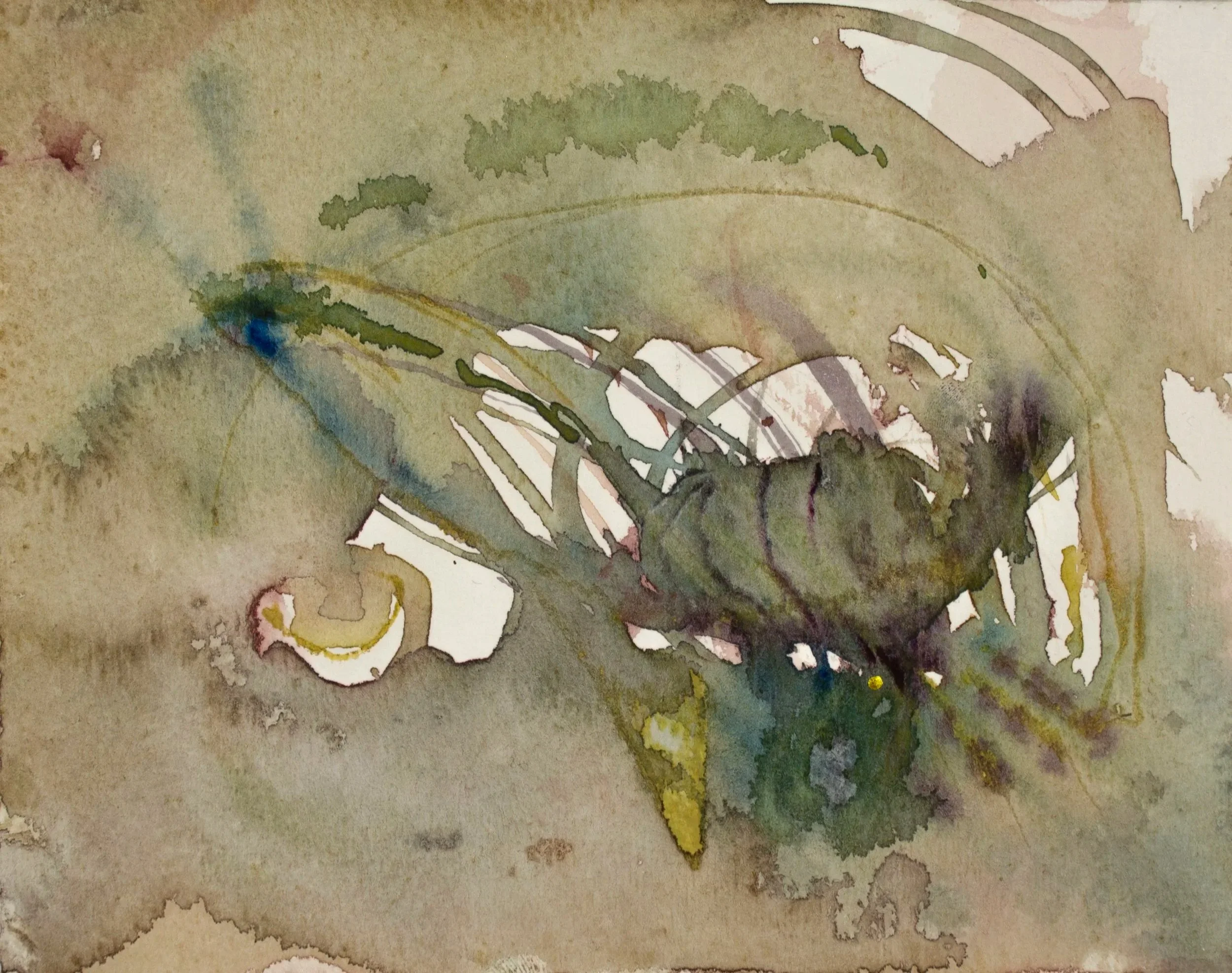 Synesthesia 2, 2024. Watercolour, pencil, oil pastel and metal medium on paper — 14.5 x 18 cm