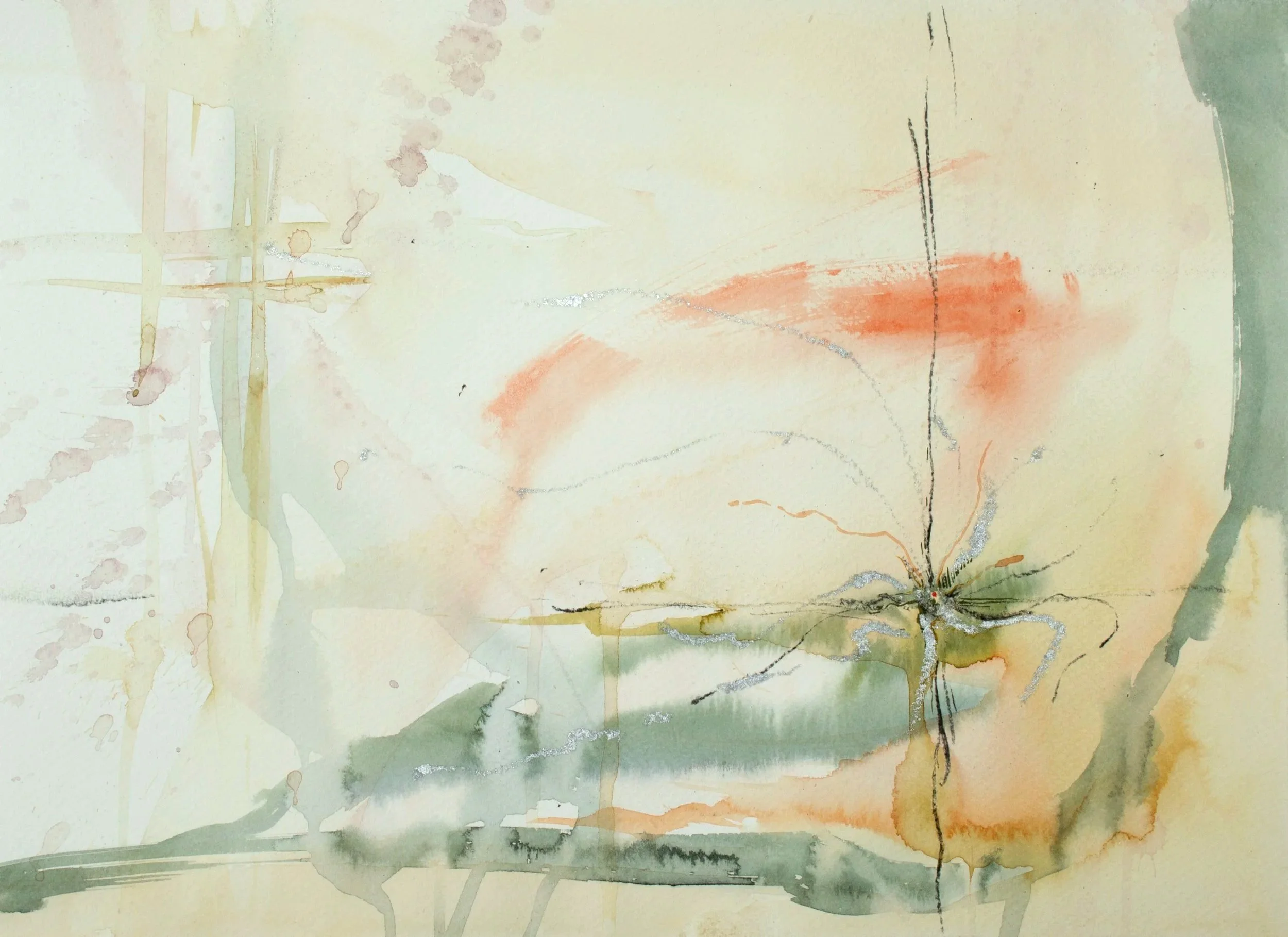 Emergence, 2024. Watercolour, oil pastel and charcoal on paper — 29.7 x 42 cm