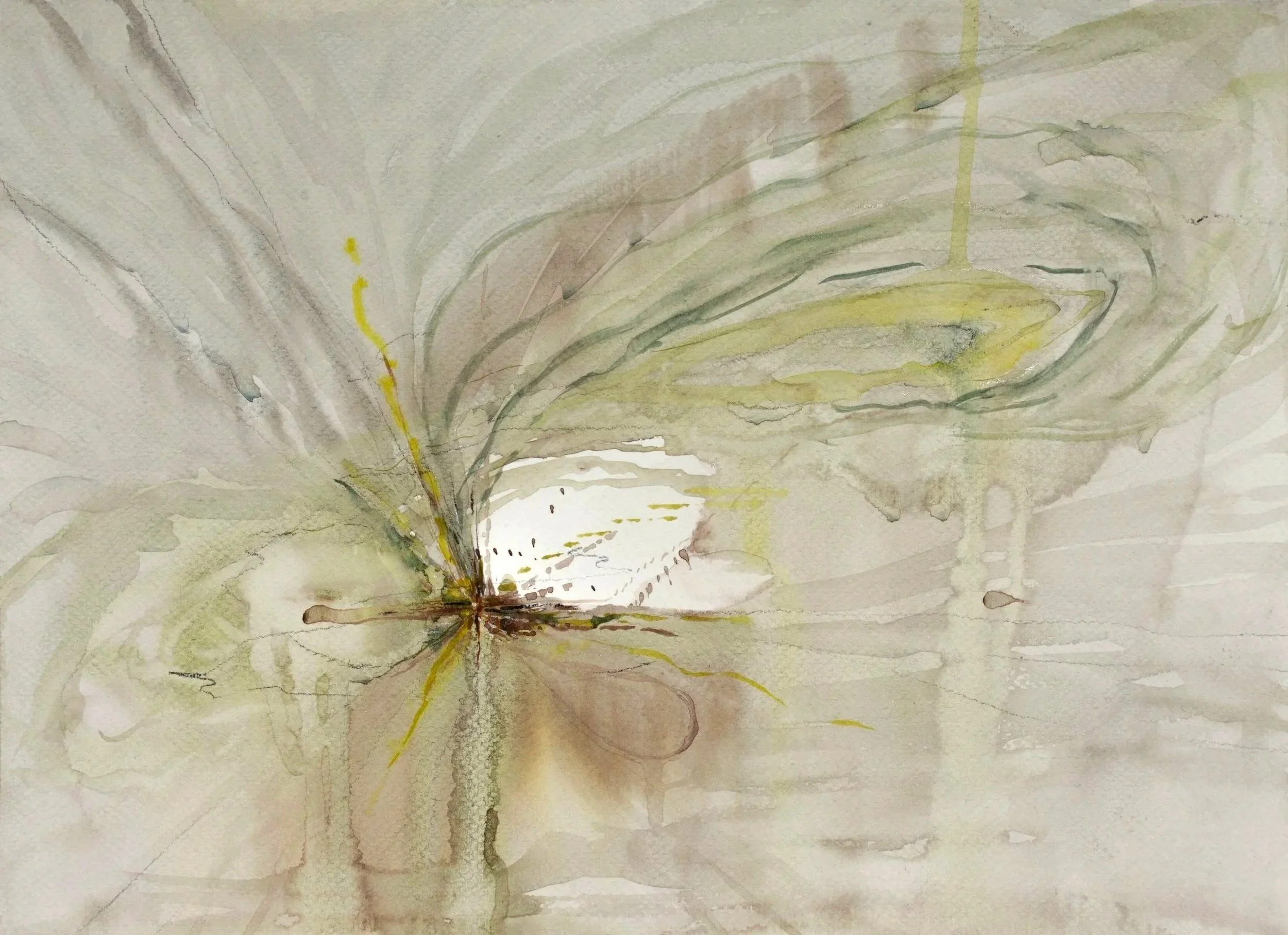 Effusion 1, 2023. Watercolour, metal pigments and pencil on paper — 29.7 x 42 cm