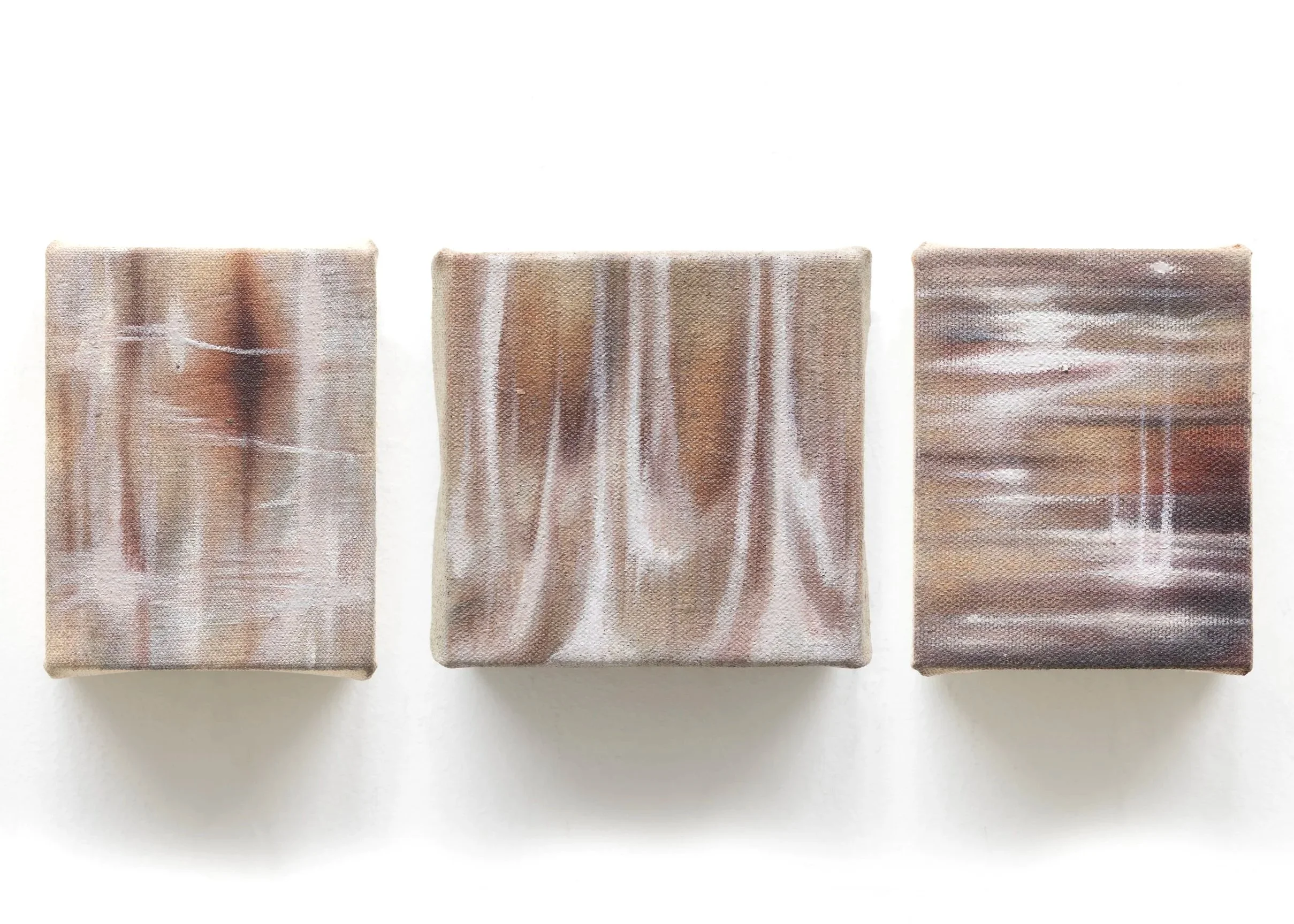 Giant Matter |||, 2026. Oil on cotton, linen and cotton canvas — Three Panels 10 x 8 cm, 10 x 10 cm and 10 x 8 cm, 10 x 26 cm