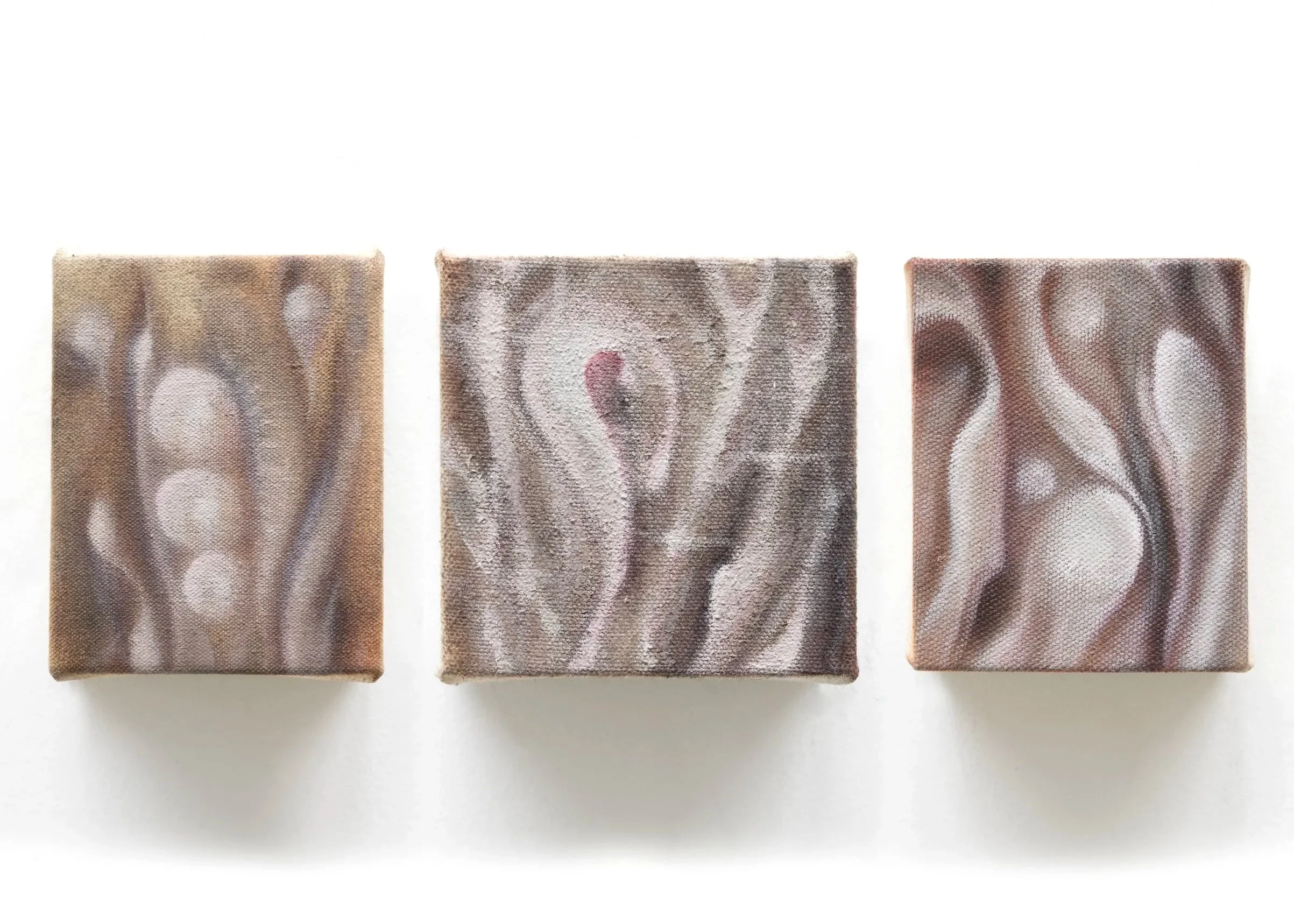Giant Matter |||, 2026. Oil on cotton canvas — Three Panels 10 x 8 cm, 10 x 10 cm and 10 x 8 cm, 10 x 26 cm