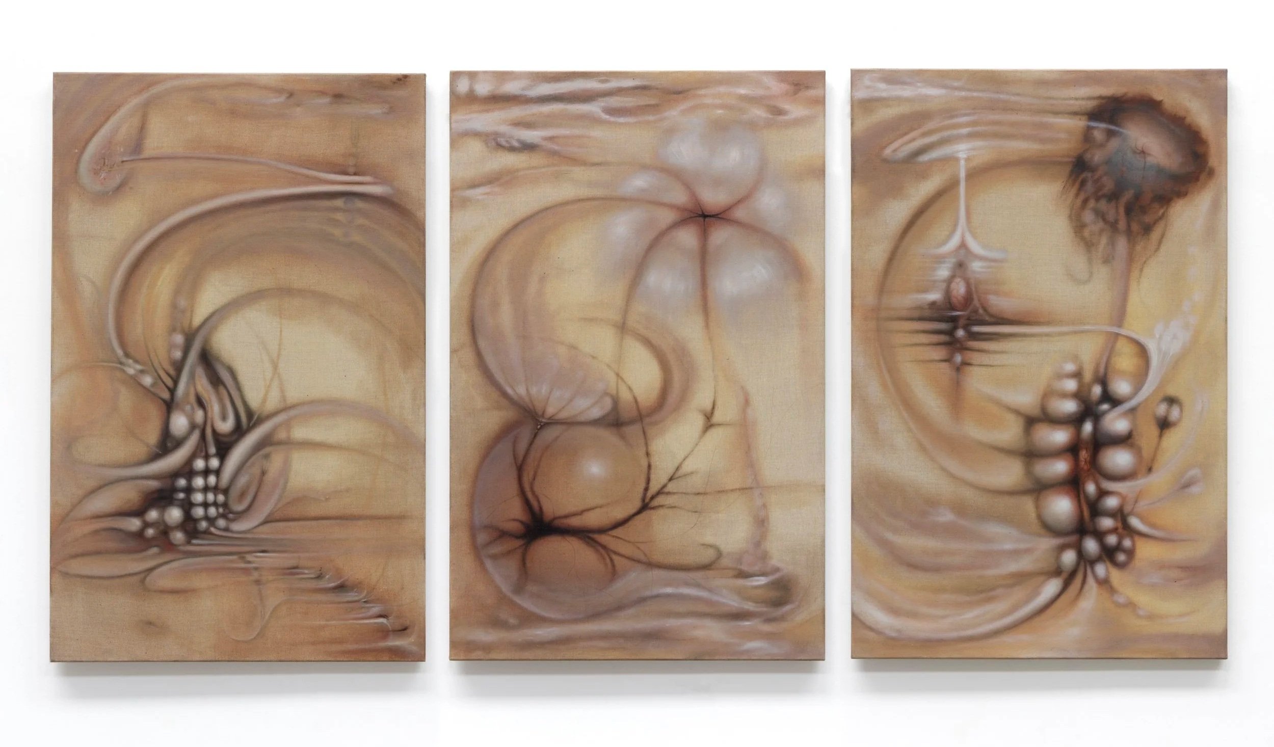 Membronic Secretion, 2026. Oil on linen — Triptych 110 x 70 cm each, 110 x 210 cm