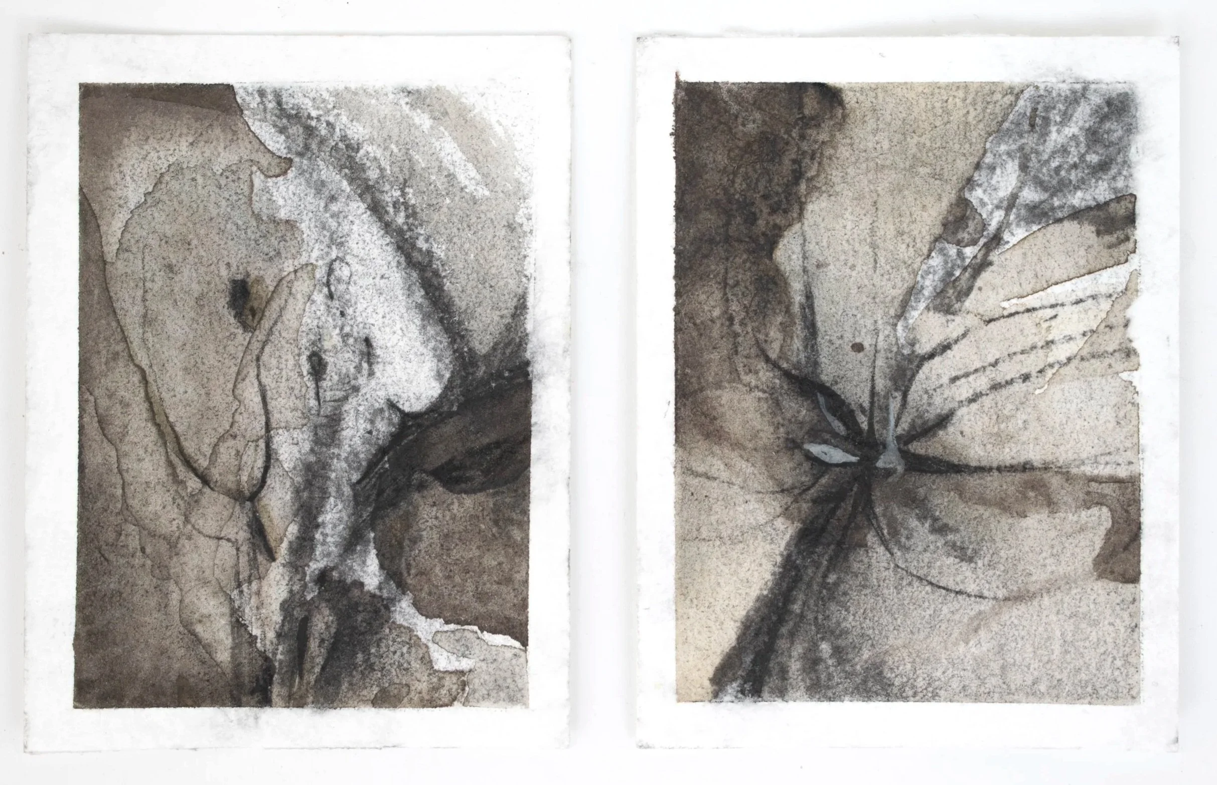 Tephra, 2026. Watercolour and charcoal on paper — 10.4 x 8 cm each, 10.4 x 16 cm
