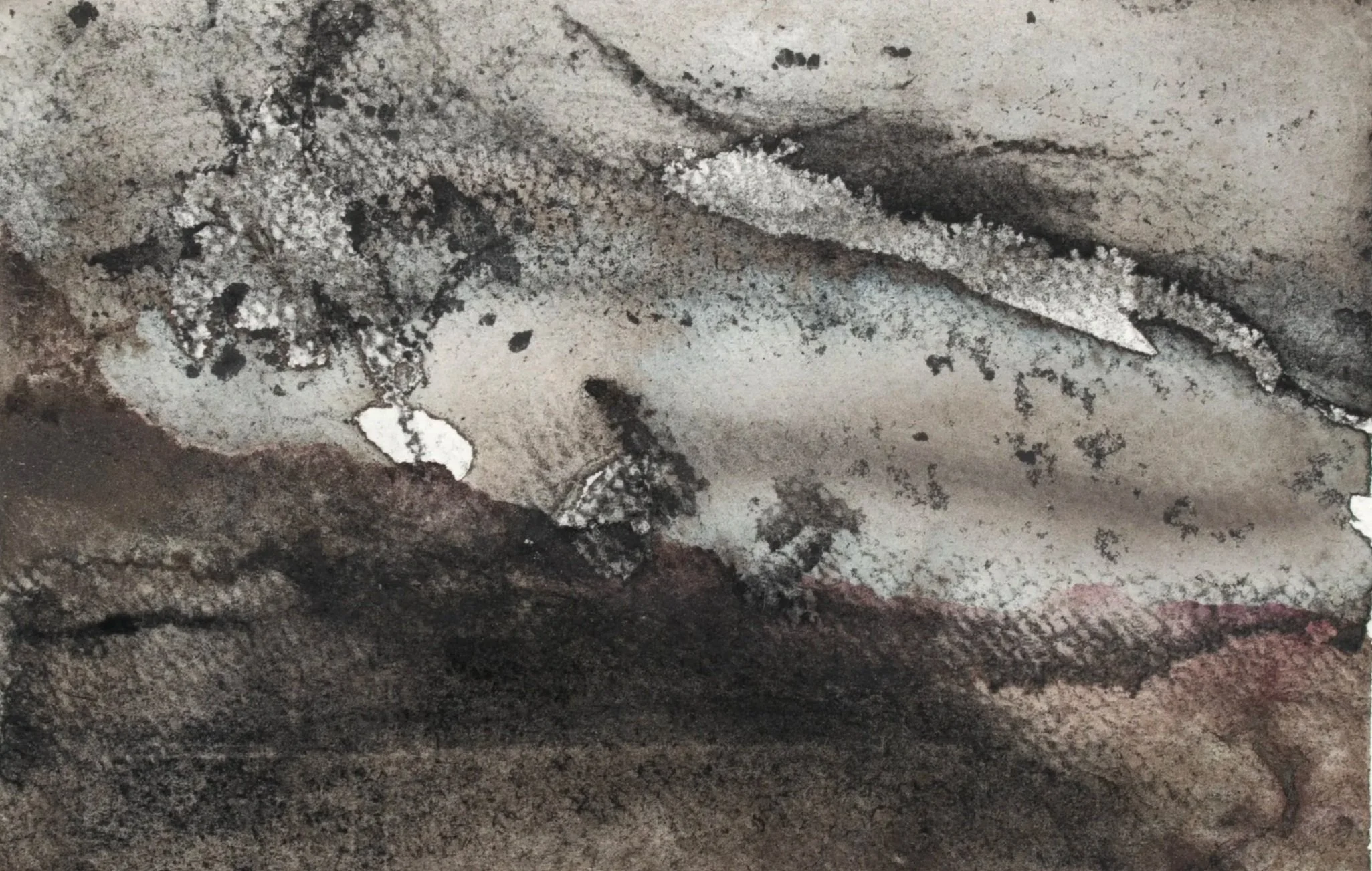 Ejecta, 2026. Watercolour and charcoal on paper — 10 x 14.8 cm
