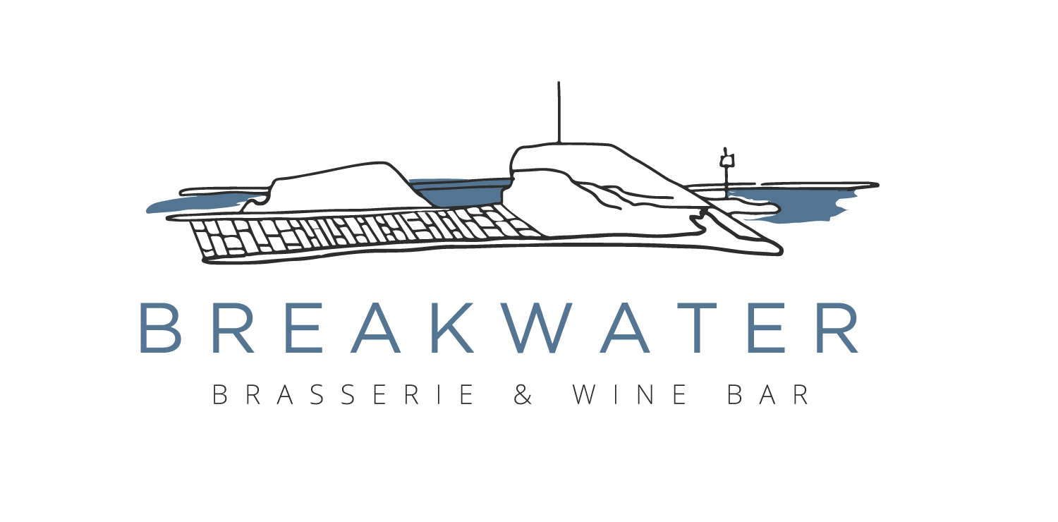 Logo for Breakwater Brasserie & Wine Bar featuring a stylized outline of a breakwater, water, and a lighthouse above the business name.