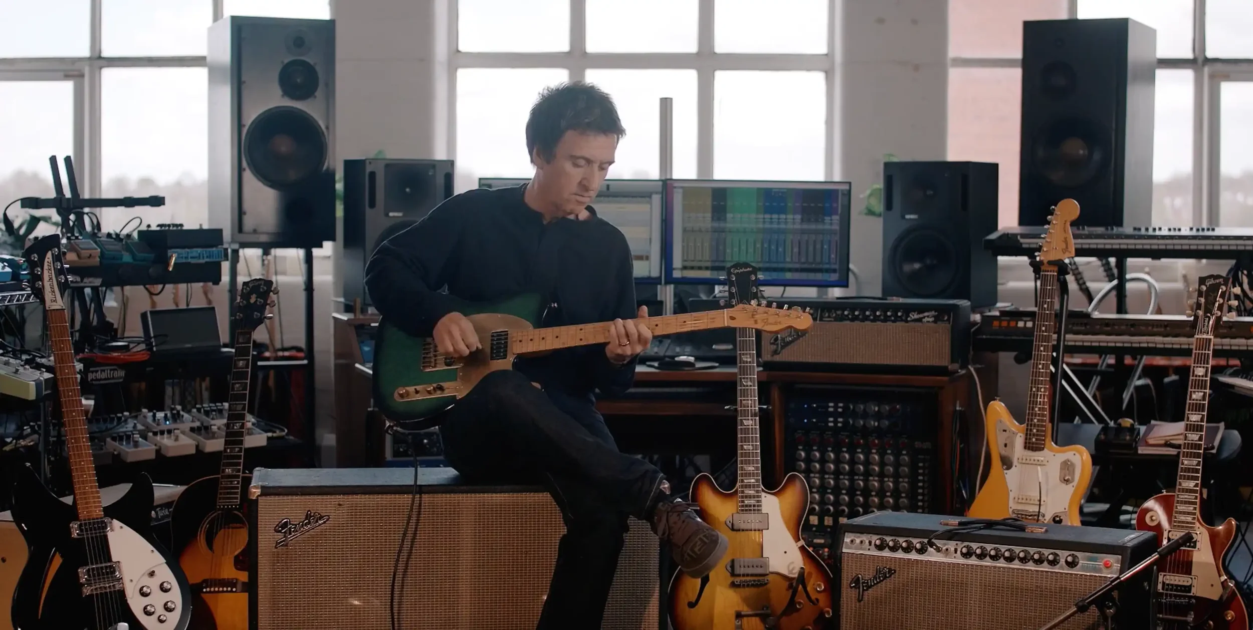Johnny Marr in his studio with ATC SCM50 Loudspeakers