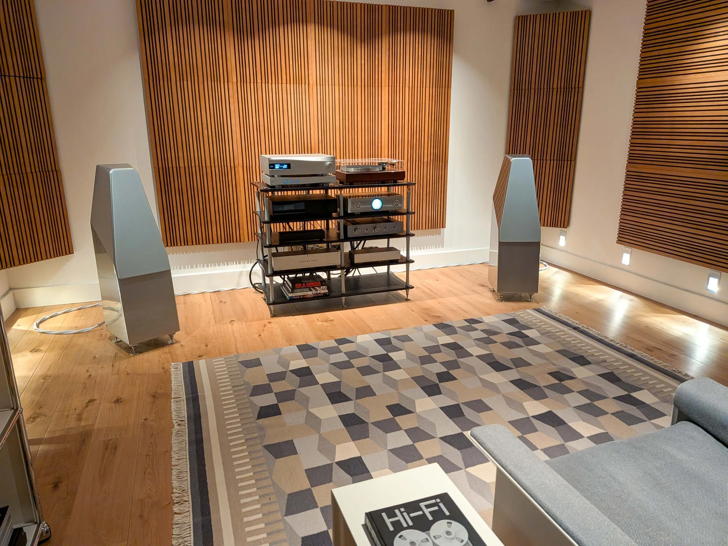 Listening Room at Soundstage Hi-Fi. With dimmed lights and high-end Wilson Audio system.