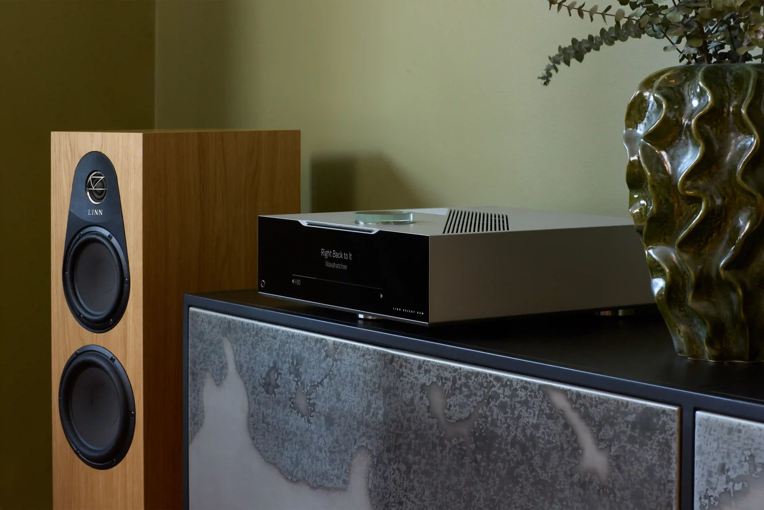 A modern living space with plants, and a Linn Selekt Music System with DSM and 150 Loudspeakers.