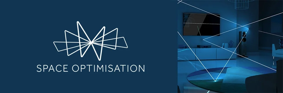 Logo for Linn Space Optimisation with geometric line art and a modern living room with blue lighting.