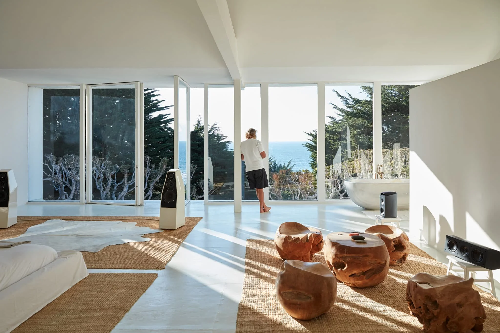 Rick Rubin with his pair of Wilson Audio Sabrina X Loudspeakers in ivory - at his Malibu home, California