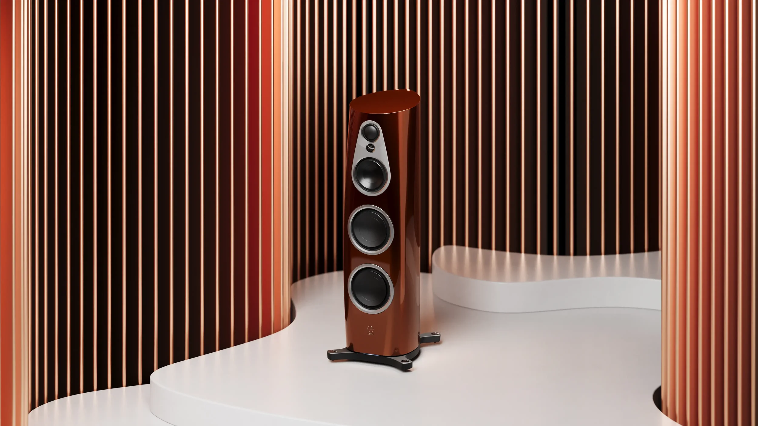 A high-end Linn 360 Loudspeaker with a wood finish, placed on a white surface against a backdrop of vertical, copper-coloured metallic rods.