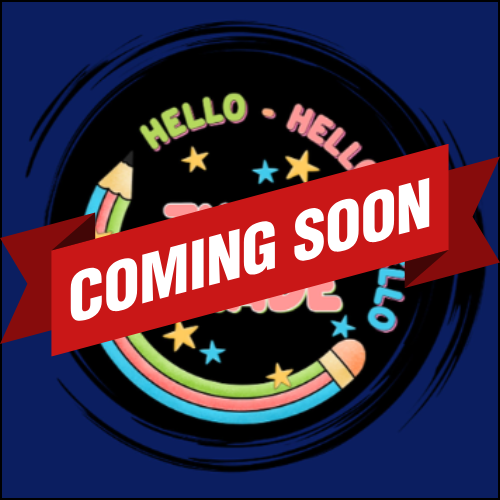A colorful design with pencils, stars, and the words 'HELLO' repeated in a circular pattern, covered by a red banner that says 'COMING SOON'.
