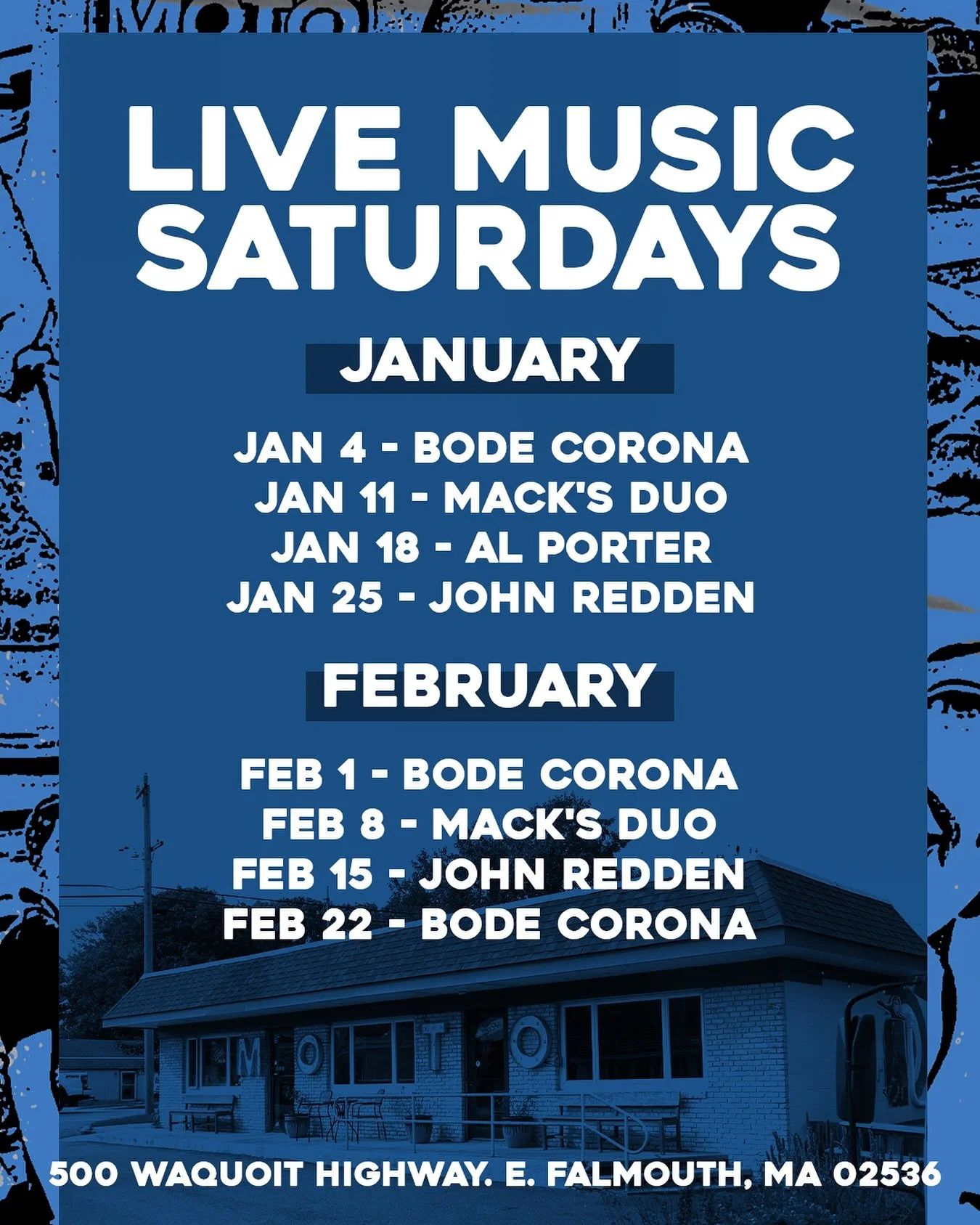 🚨 We are ready and rolling… 
Join us in Falmouth, Saturdays for Live Music.
Every Saturday in January through February we will be featuring artist from across the cape, tasty pizza and good vibes!