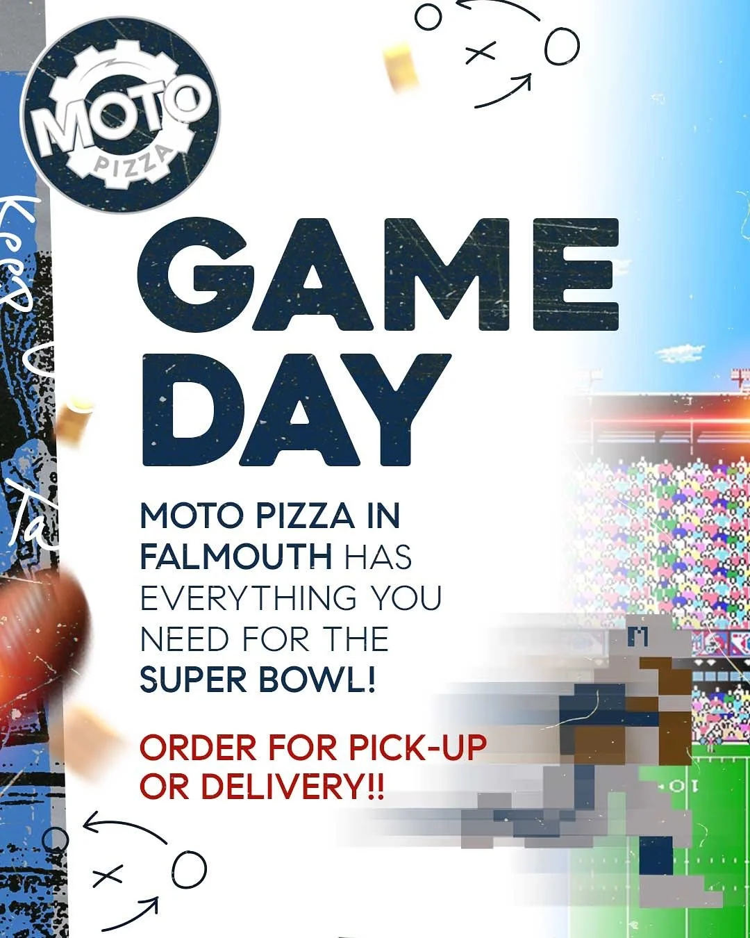 🏈 🏟️Kickoff to Deliciousness!! 
Moto Pizza now delivers in Falmouth & Sandwich, 
just in time for Super Bowl 59!! Try our classic menu items and drinks. Open Daily!!