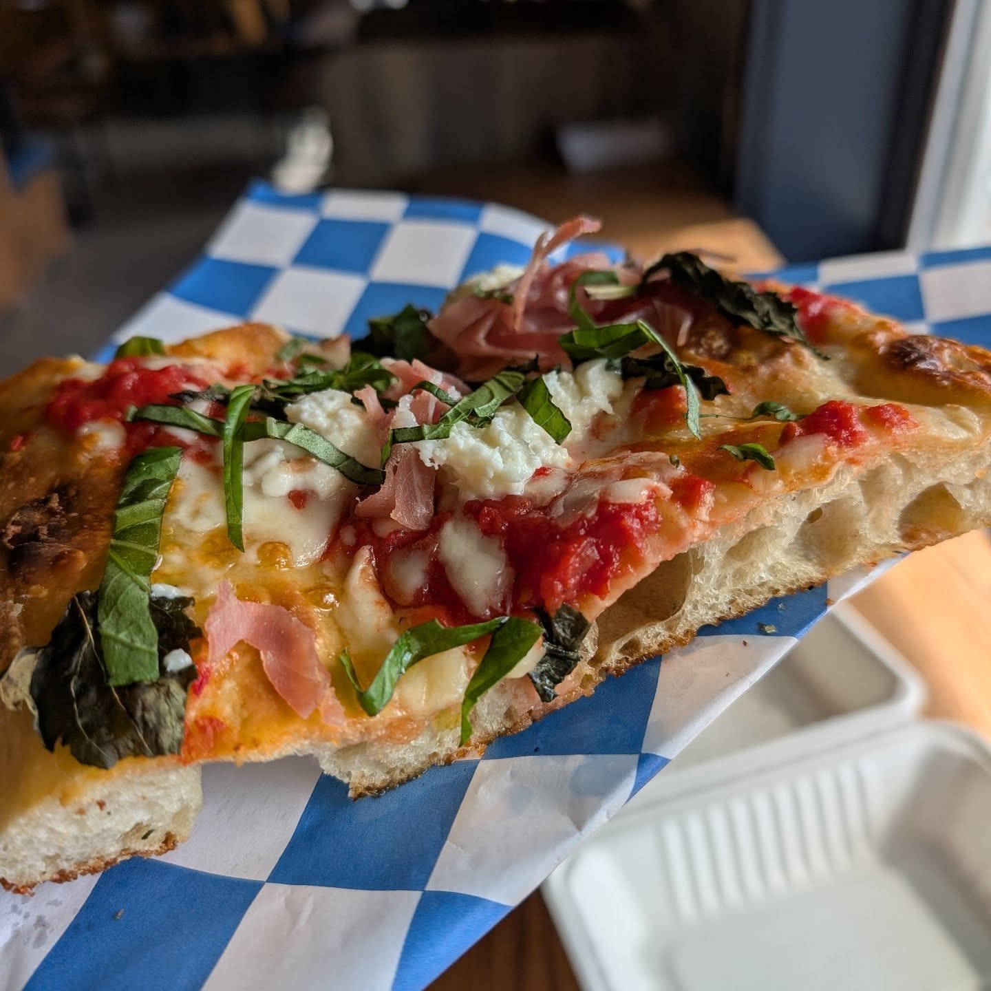 Okay, now that we're dialed in, let's talk about pizza romana al taglio, our "Roman Style" we're adding at Moto Falmouth everyday for lunch (to start). Made on a sourdough focaccia entirely handmade in-house that takes a rather...it's a lon
