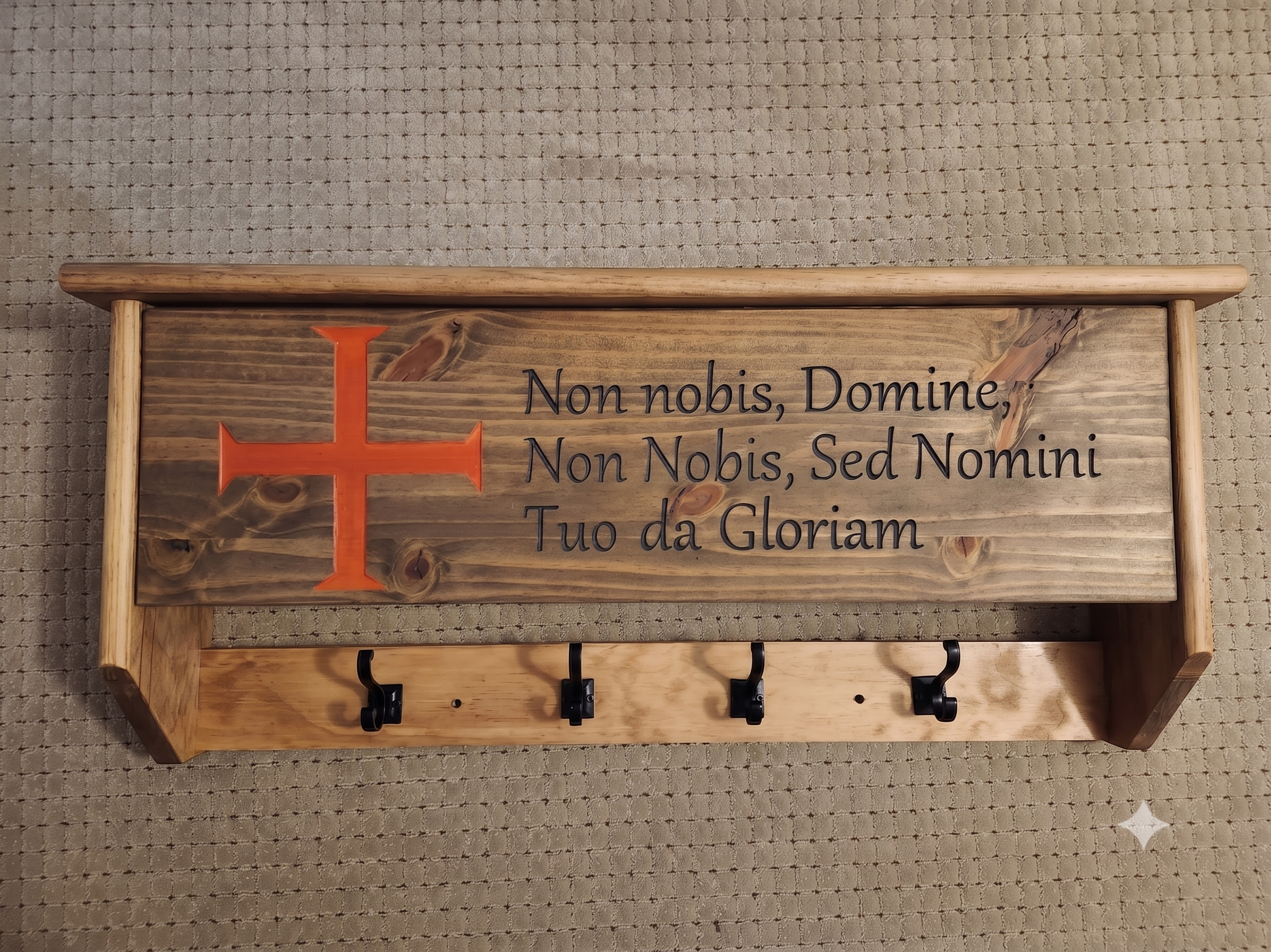 Red epoxy Crusader cross inlay on handcrafted Knights Templar concealment cabinet