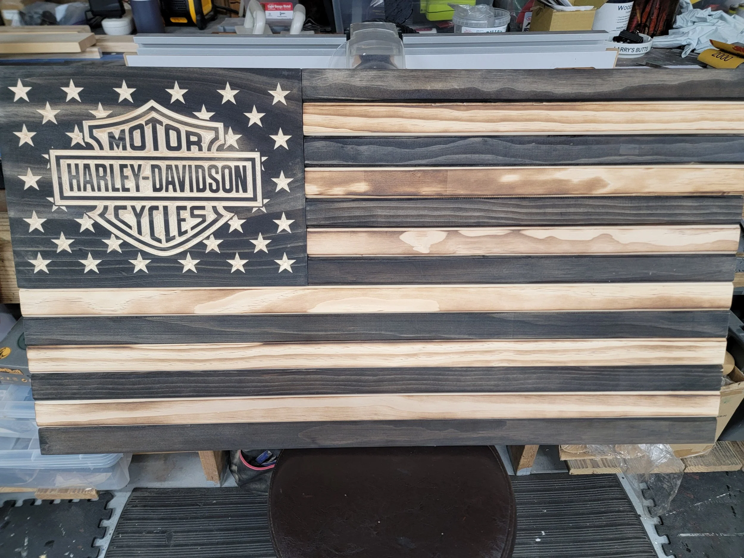 Wooden American flag with Harley-Davidson logo in star area