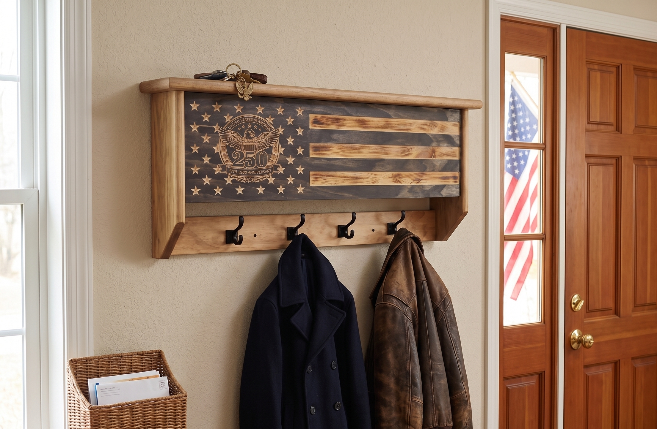 Handcrafted America 250 concealment coat rack with hidden storage and coat hooks