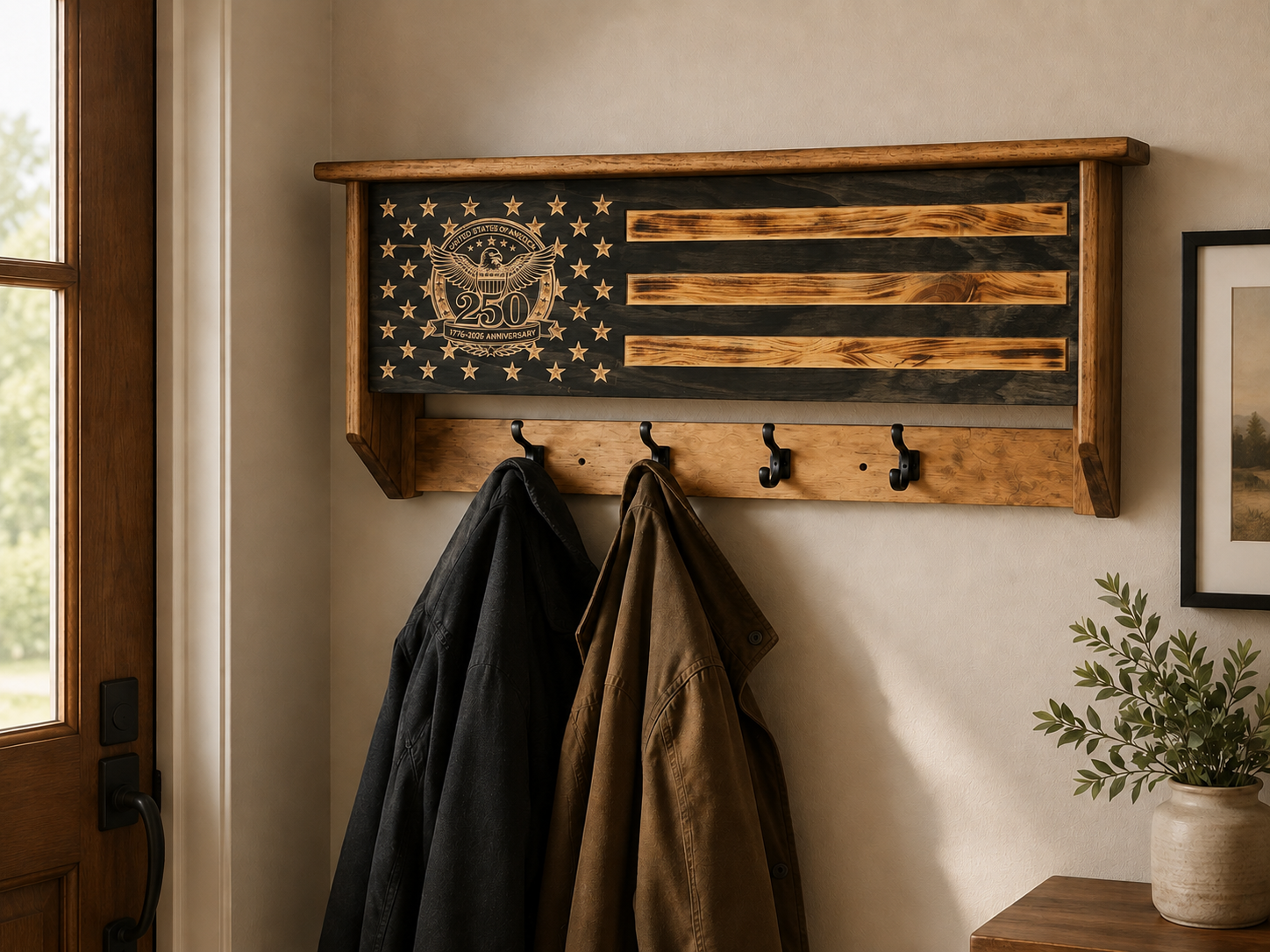 250th Anniversary American flag concealment coat rack mounted in a home entryway