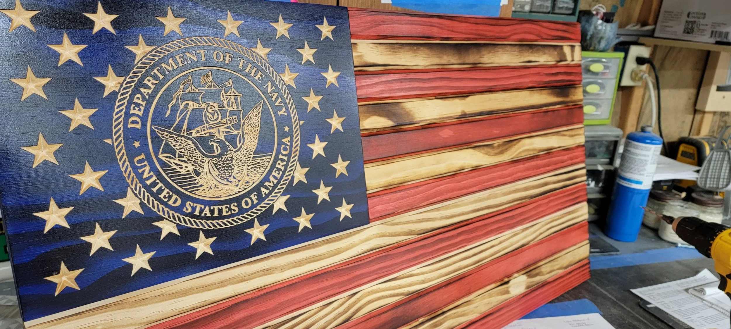 Military Branch Flag Concealment Coat Rack with Navy ship emblem