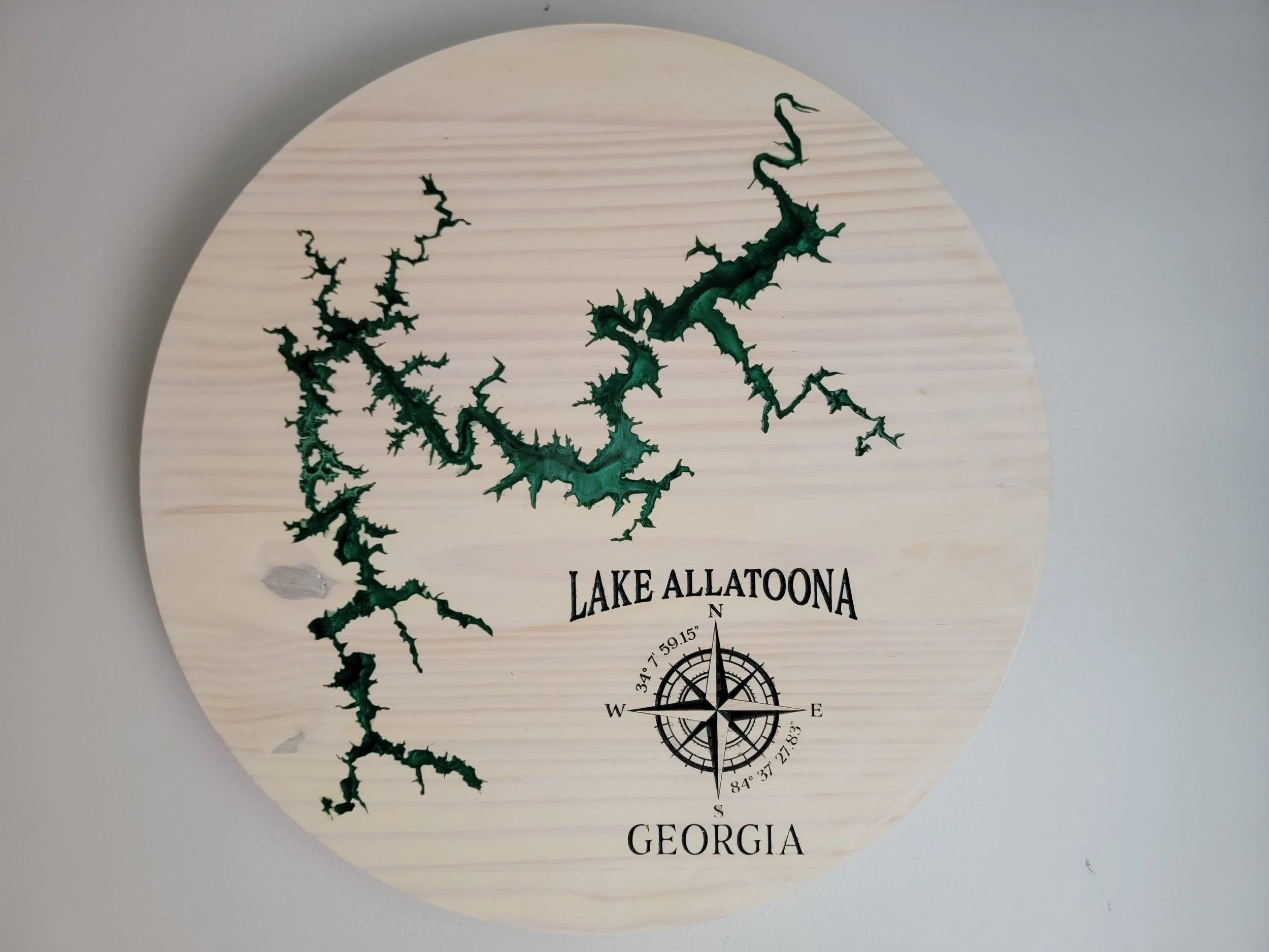 Lake Allatoona Georgia wooden relief map with Weathered White finish, Sea Green epoxy lake, and black airbrushed lettering.
