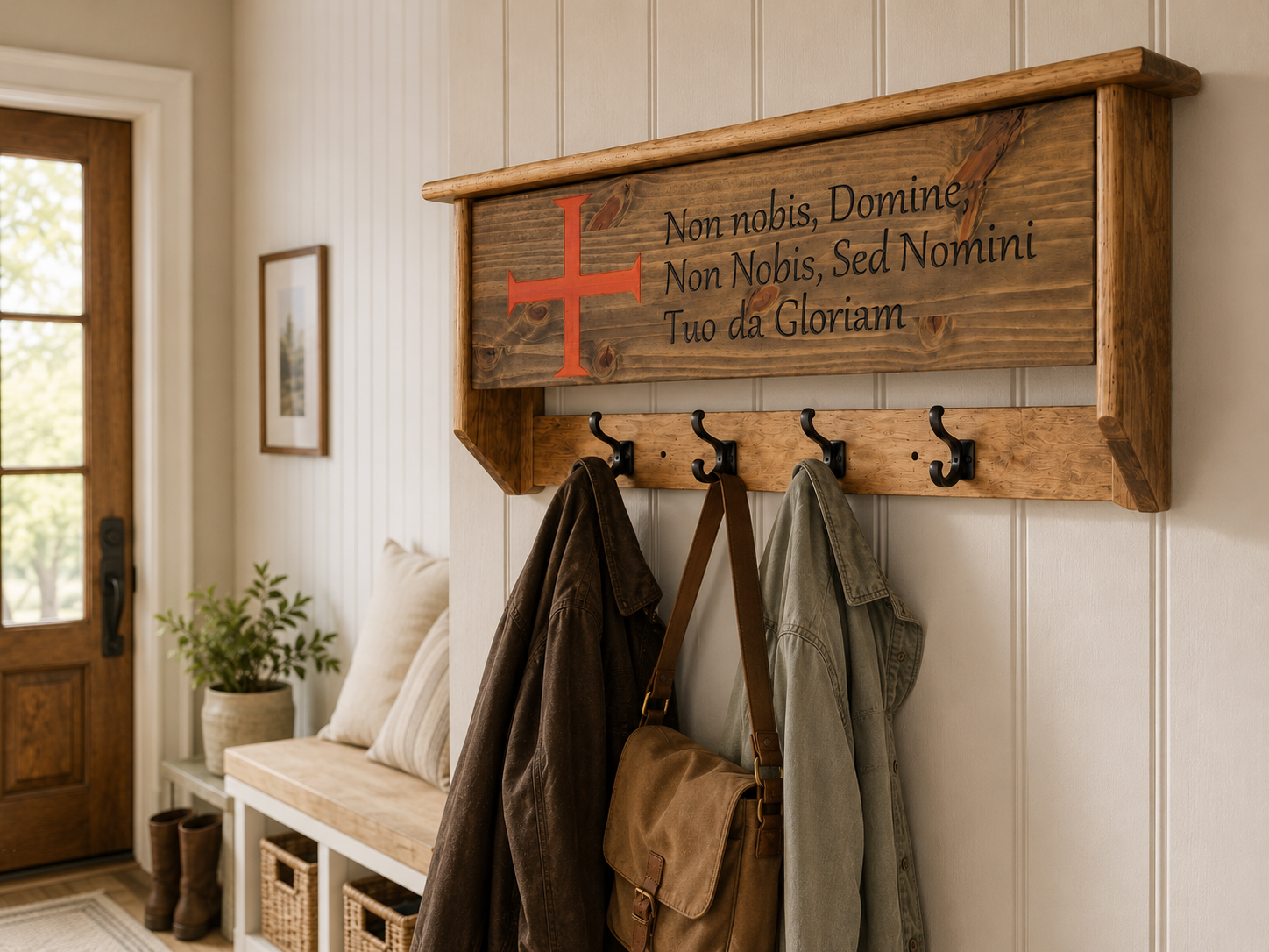 Knights Templar concealment coat rack mounted on a home entryway wall
