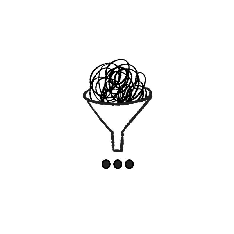A simple black line drawing of a funnel with three dots below it.
