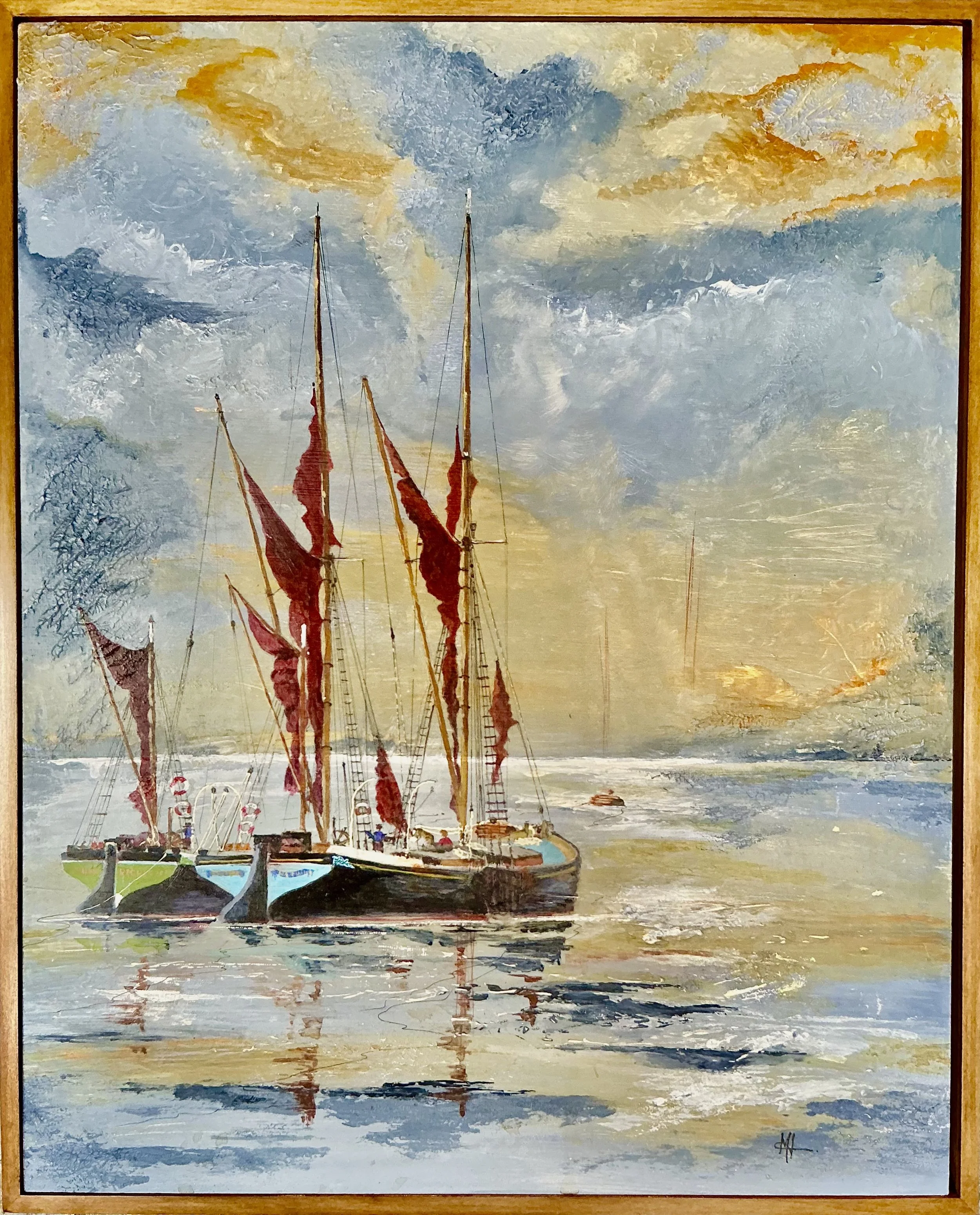 " Ebb & Flow". Acrylics and mixed media on wood panel 30 x40 cms.
Depicts two old Thames sailing barges lying together on an admiralty buoy in the river Medway. 45 x35 cms, framed in an oak wood floating frame all ready for a new home.