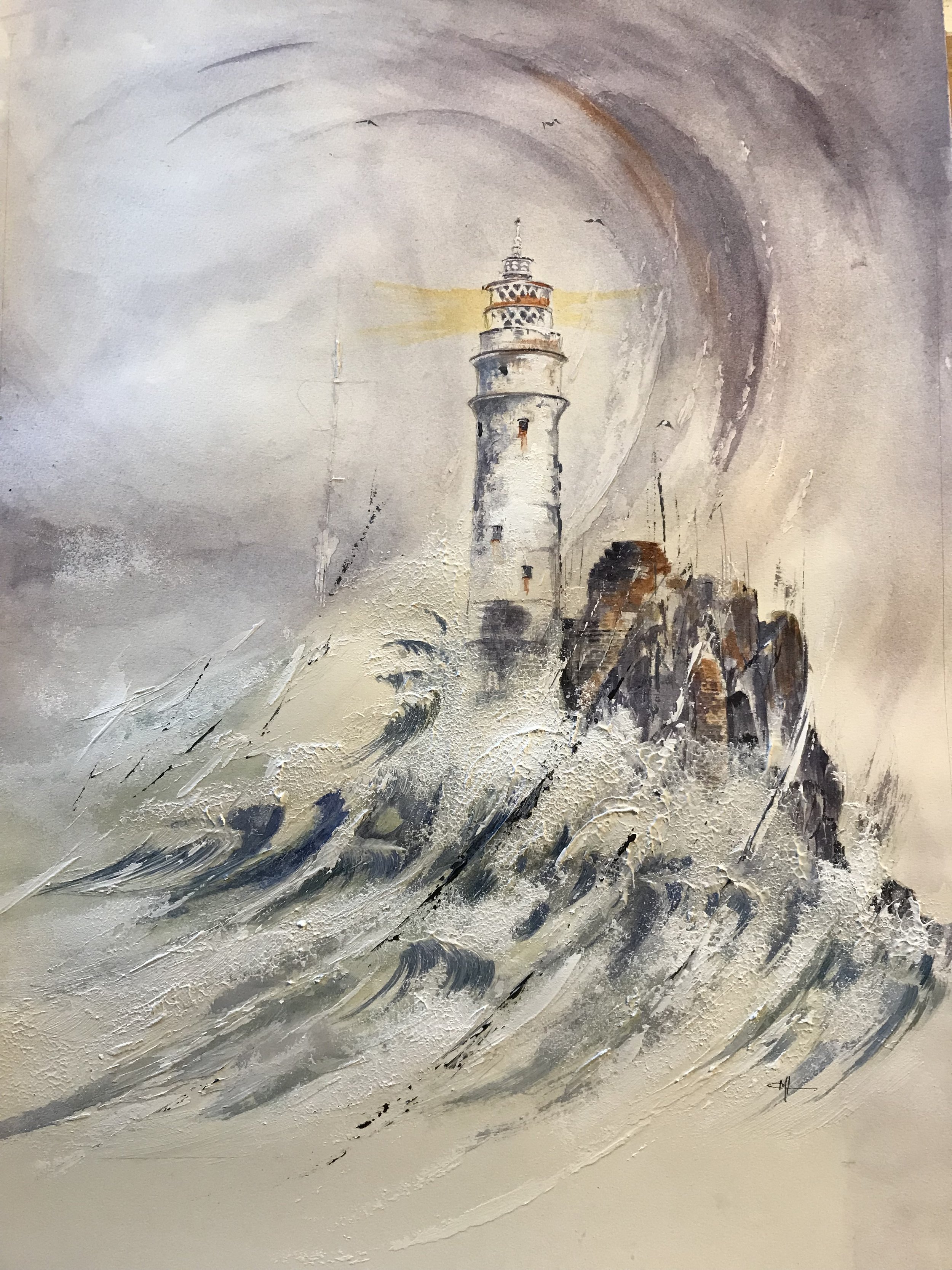 Fastnet Light: Situated on the southern most tip of Ireland. A watercolour and mixed media painting.