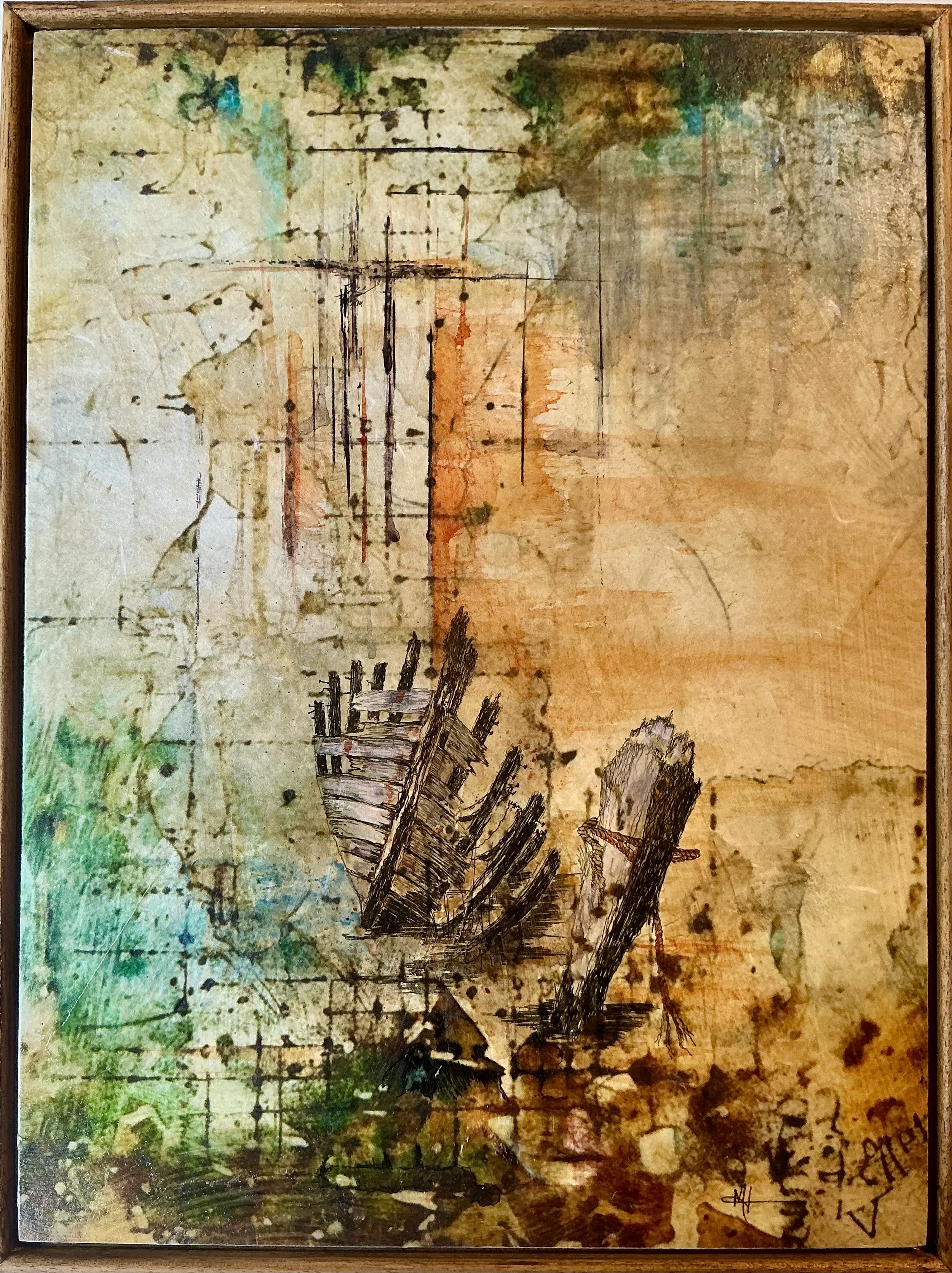 "The Creek"  The sorrowful image of an old wooden fishing boat breaking up through decay. A 40 x 30cm acrylics and mixed media on wood panel.