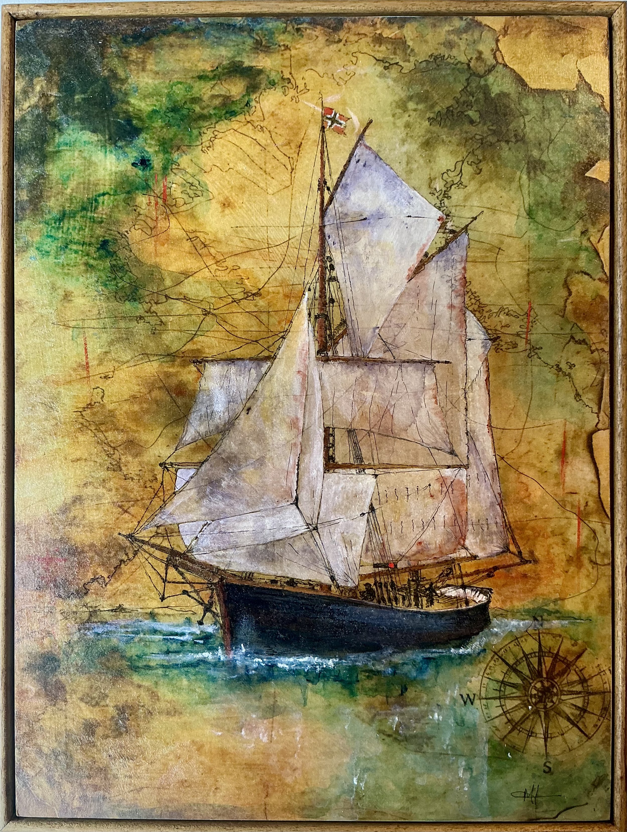 "Heading West"  An old Norwegian Gaff ketch under full sail. This piece is Acrylics and mixed media on wood panel. Measures 40 x30 cms in an oak floating frame.