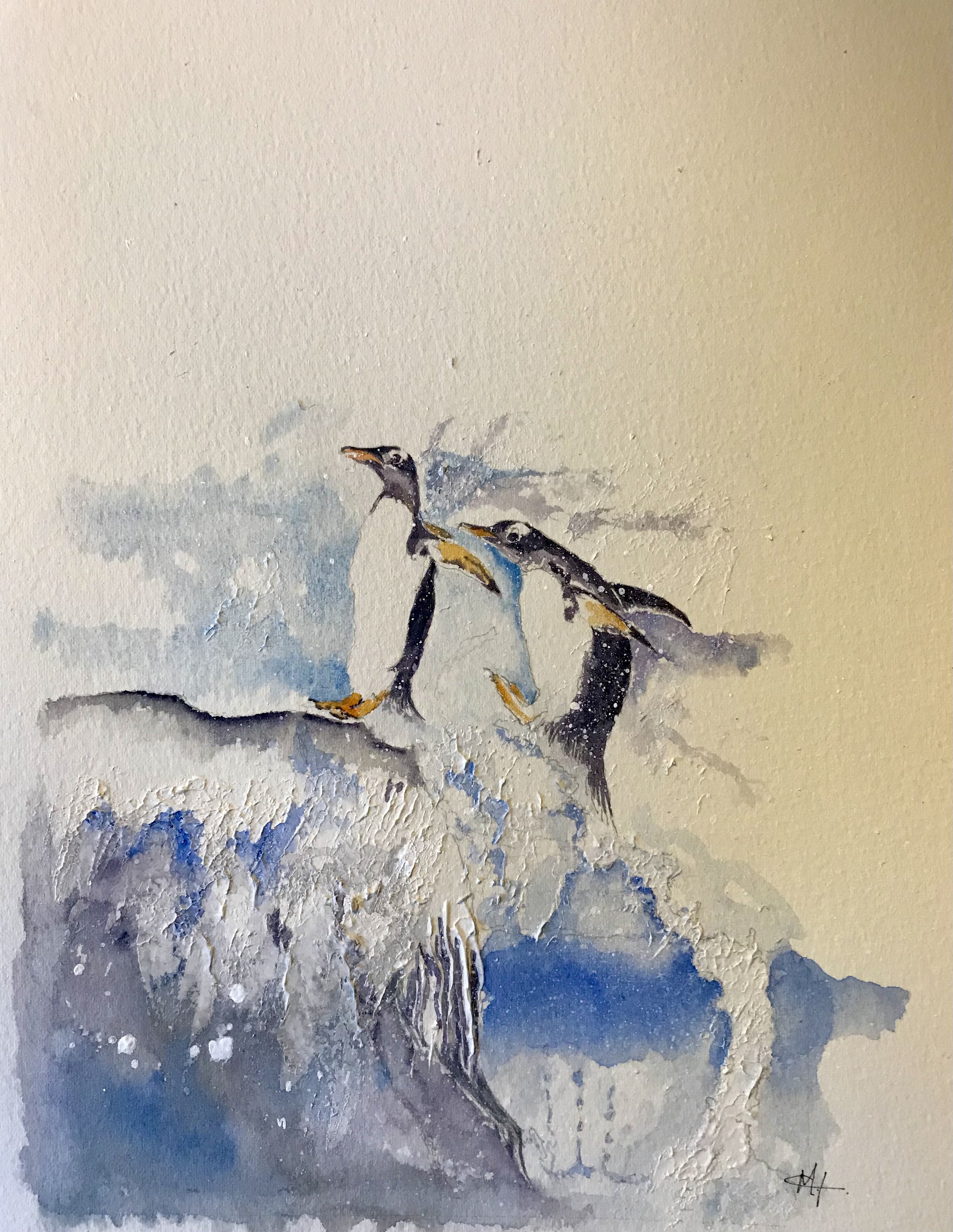 Two Gentoo penguins leaping from the water.