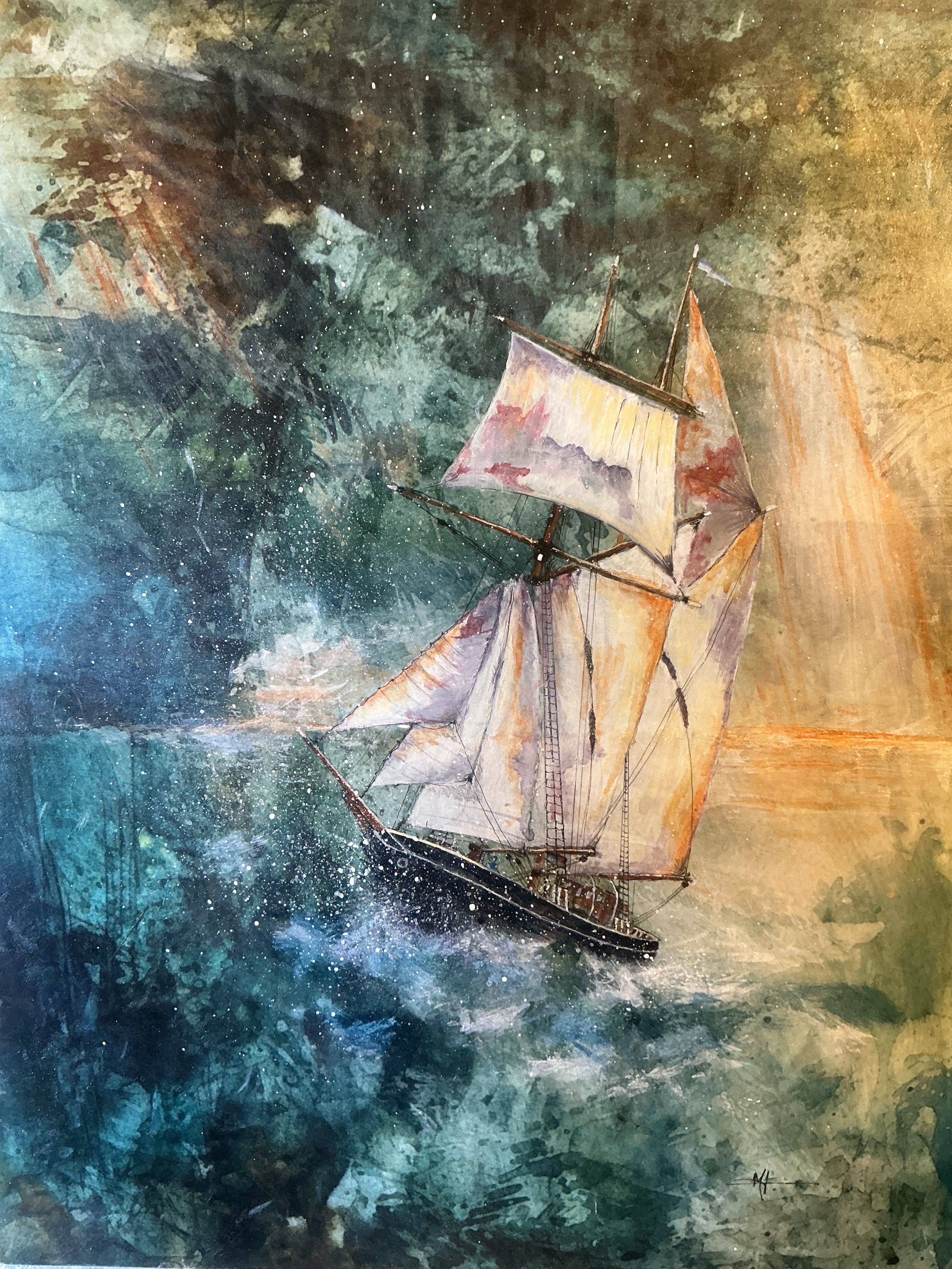 Tempest: A 50 x 40cms acrlics and mixed media on wood panel. Piece is set within an oak floating frame.
