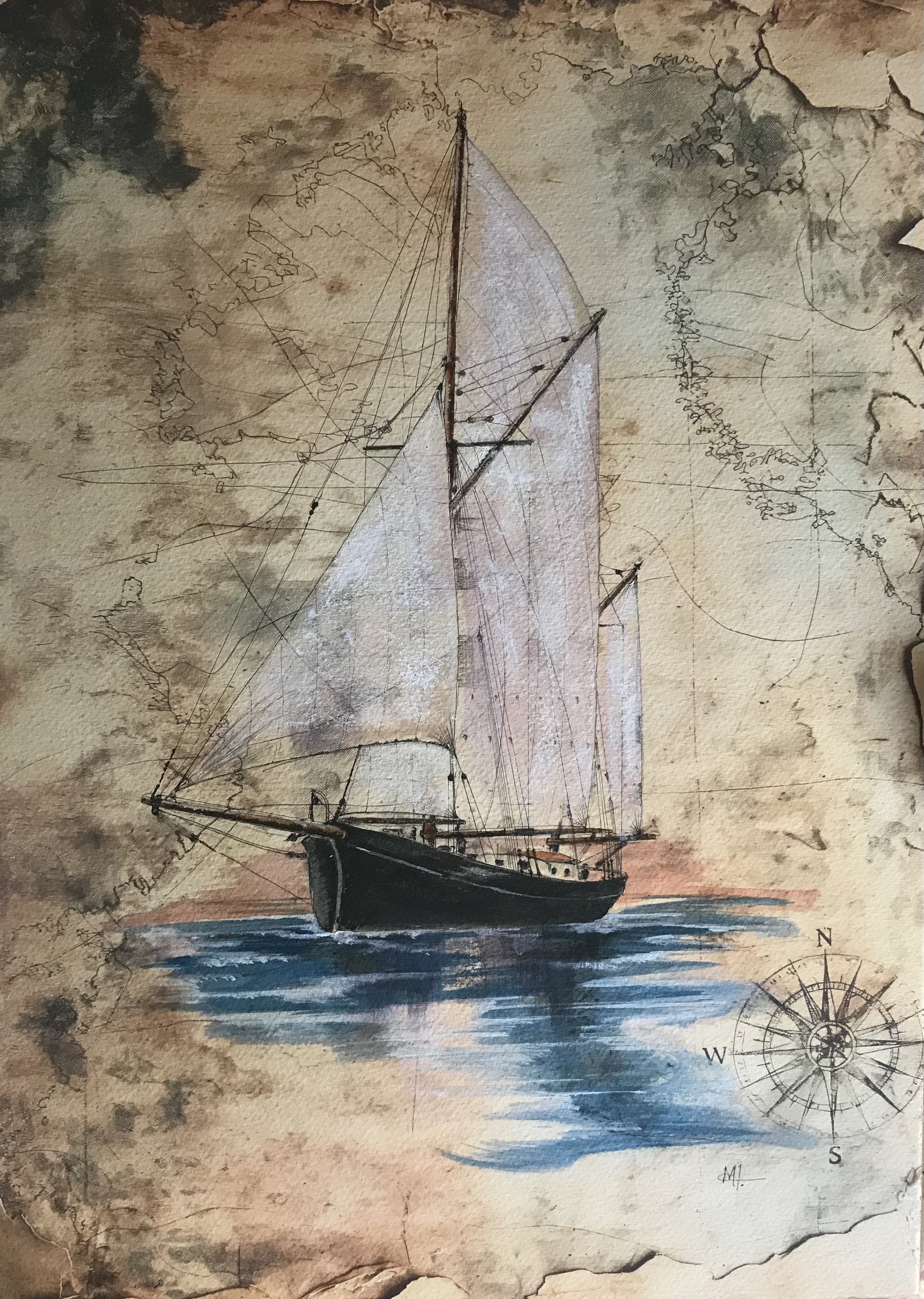 "Making Landfall". Acrylics and decoupage 50 x 40 cms