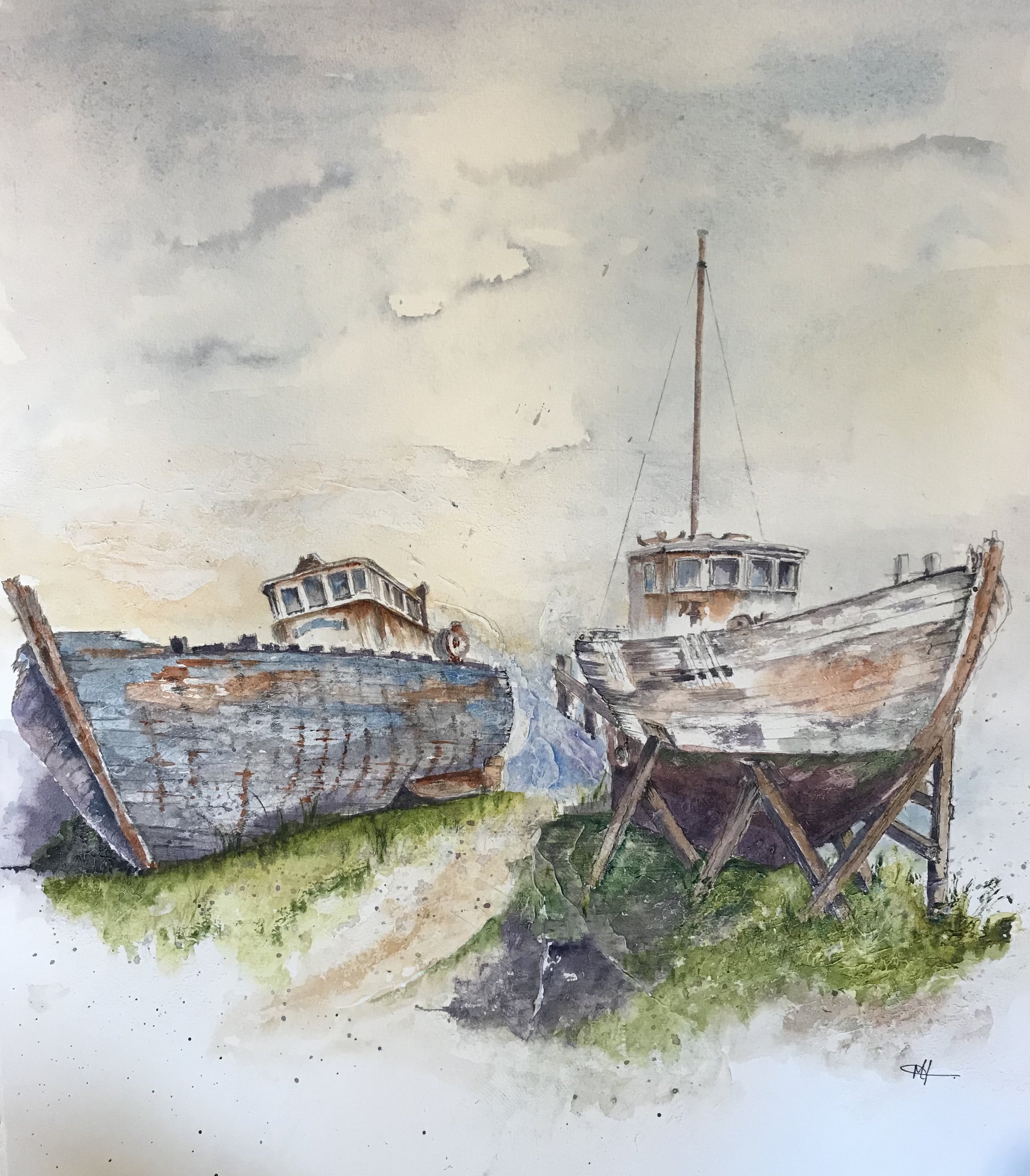 High and Dry- 2 wooden fishing vessels in need of restoration.
Watercolour on Saunders Waterford 100% cotton paper.