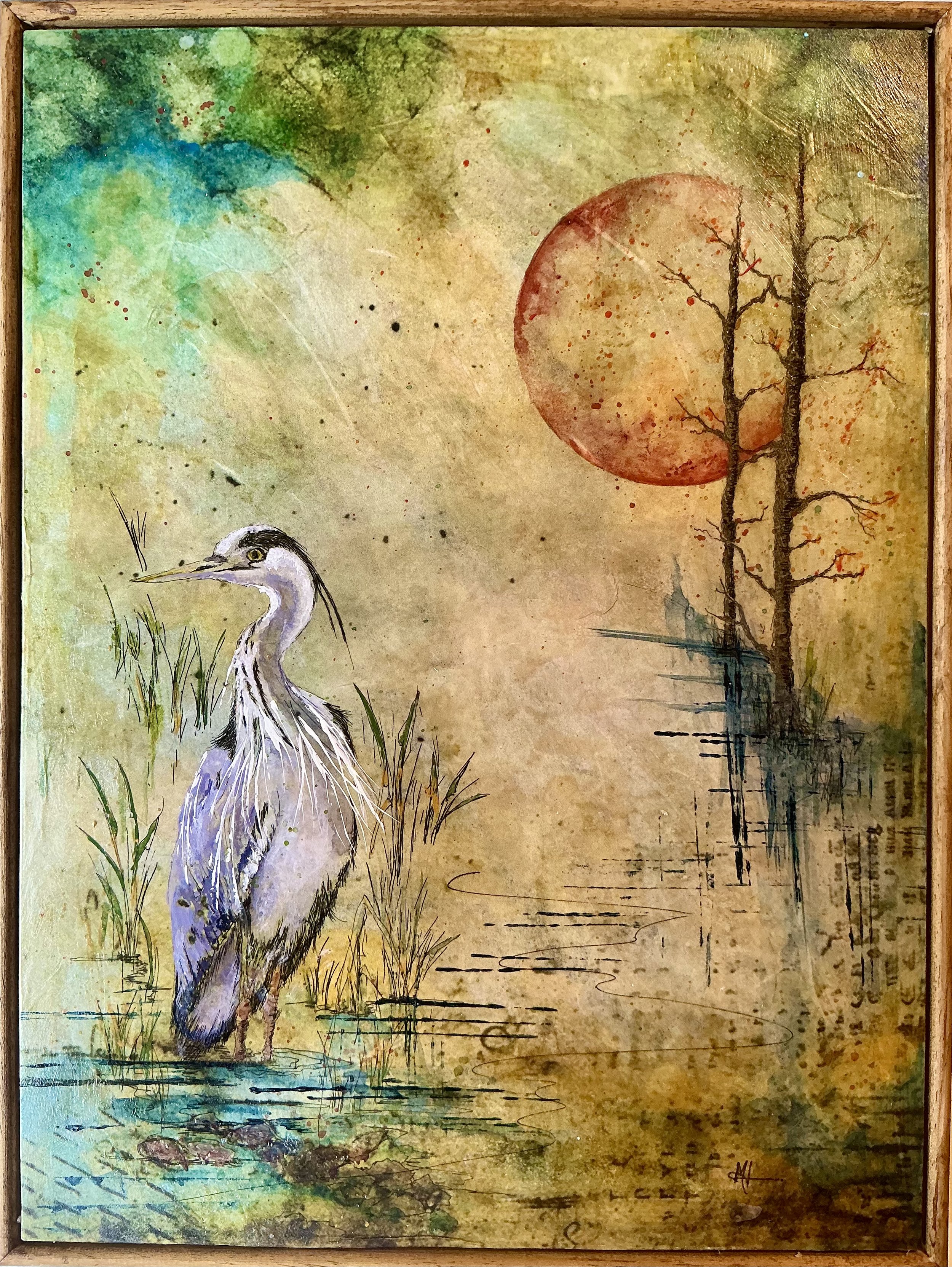 "Still". Acrylics and mixed media on wood panel, depicting a Heron by a lake in the evening sun. Measure 40 x 30 cms.